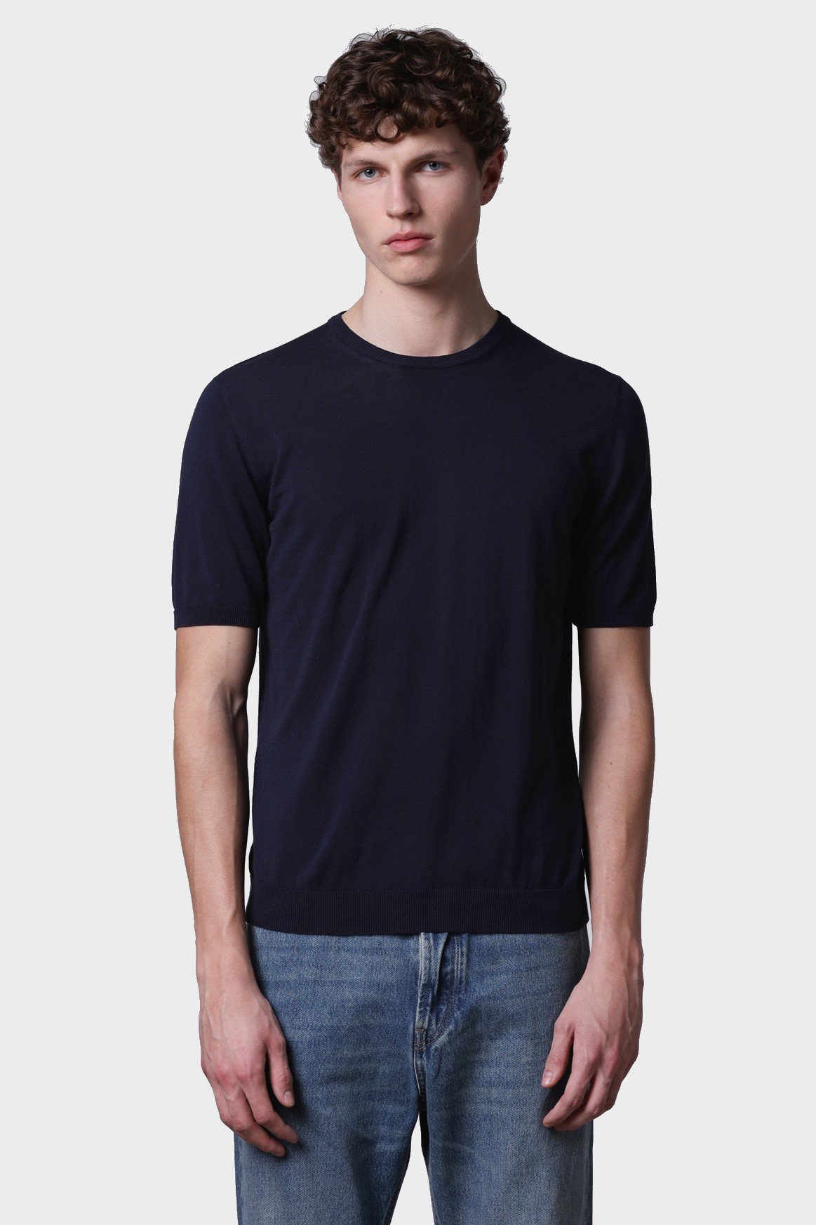 ROBERTO COLLINA Light Cotton Knit T-Shirt in Navy
