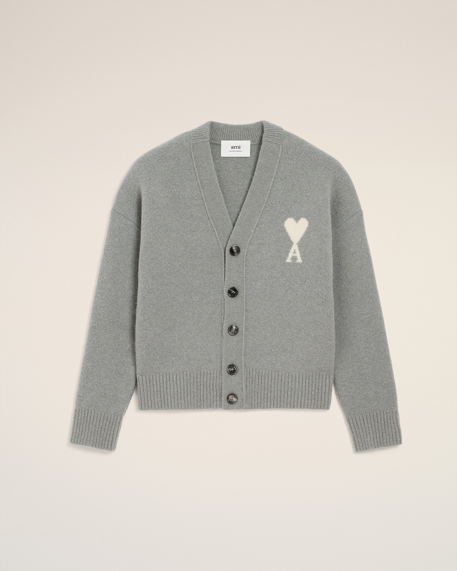 AMI PARIS de Coeur Knit Cardigan in Grey/Off White