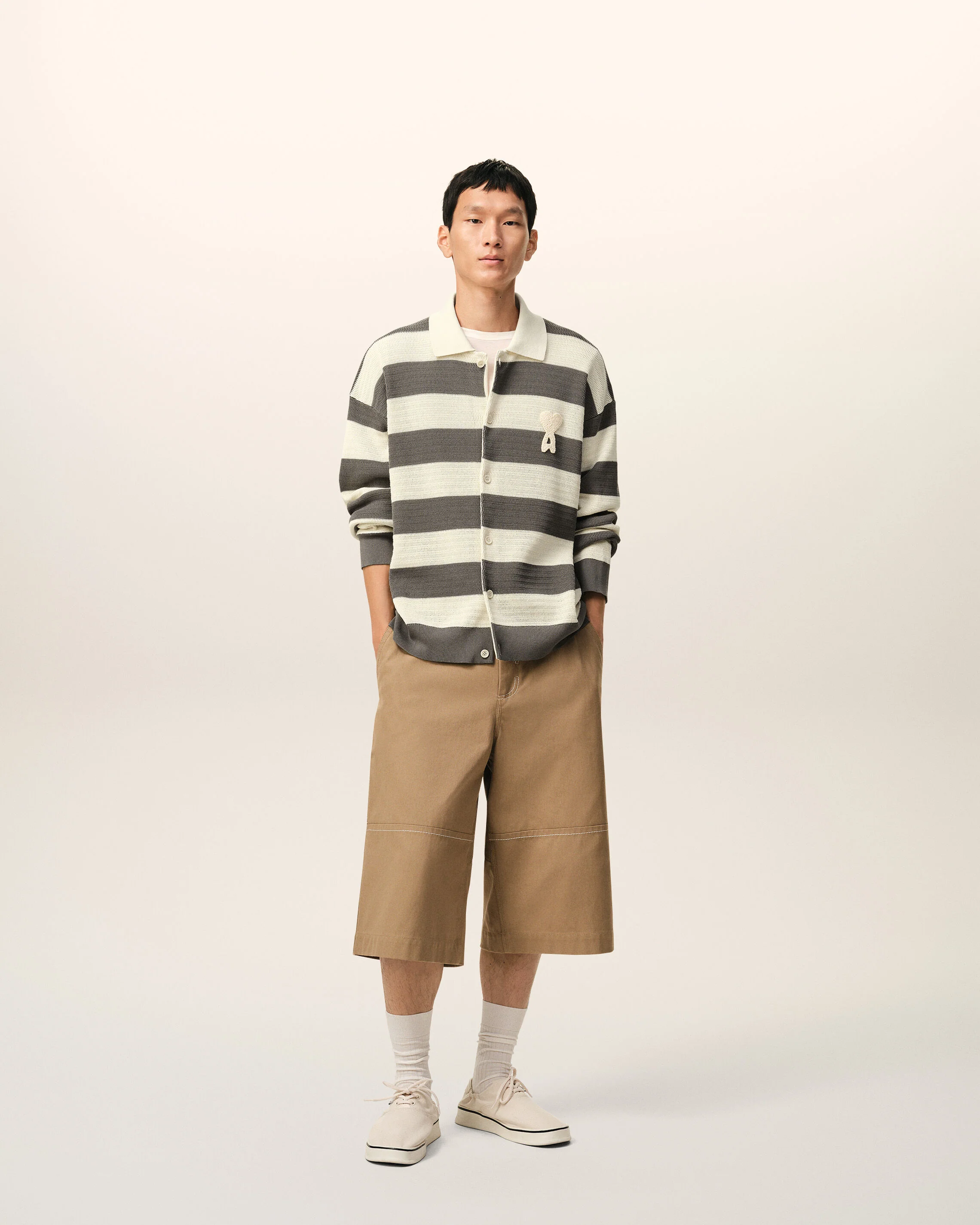 AMI PARIS de Coeur Ajouré Knit Cardigan in White Cream/Carbon