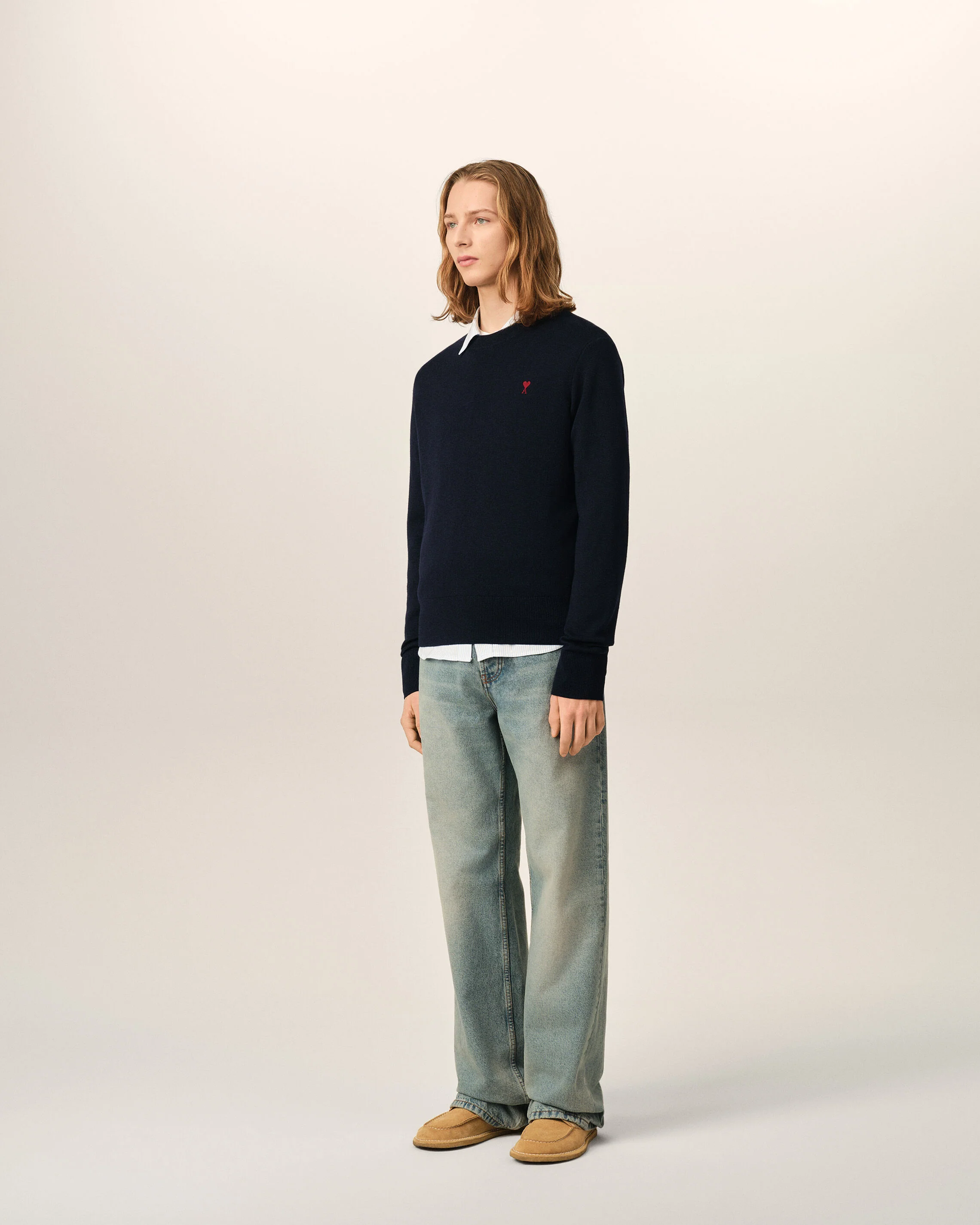 AMI PARIS de Coeur Merino Knit Pullover in Navy / Red Logo