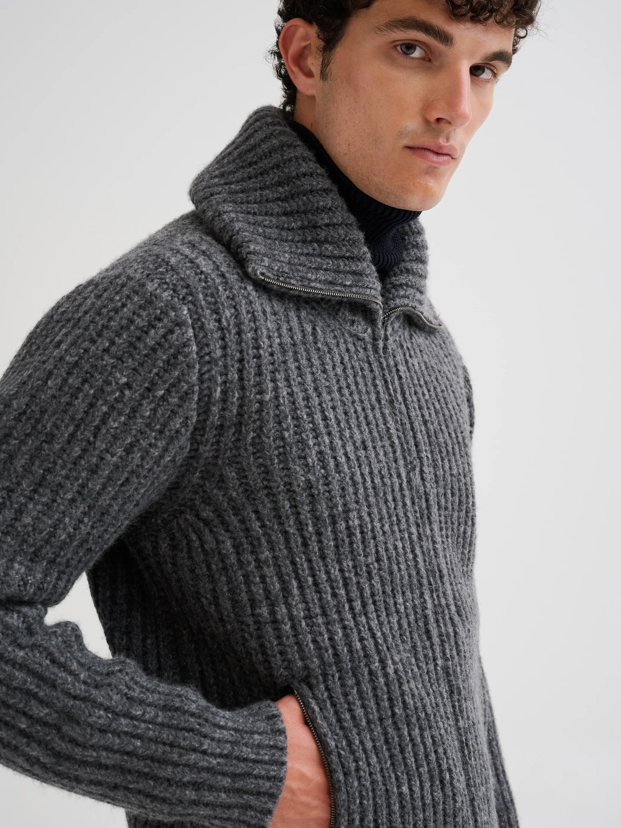 ROBERTO COLLINA Knit Zip Cardigan in Grey Melange
