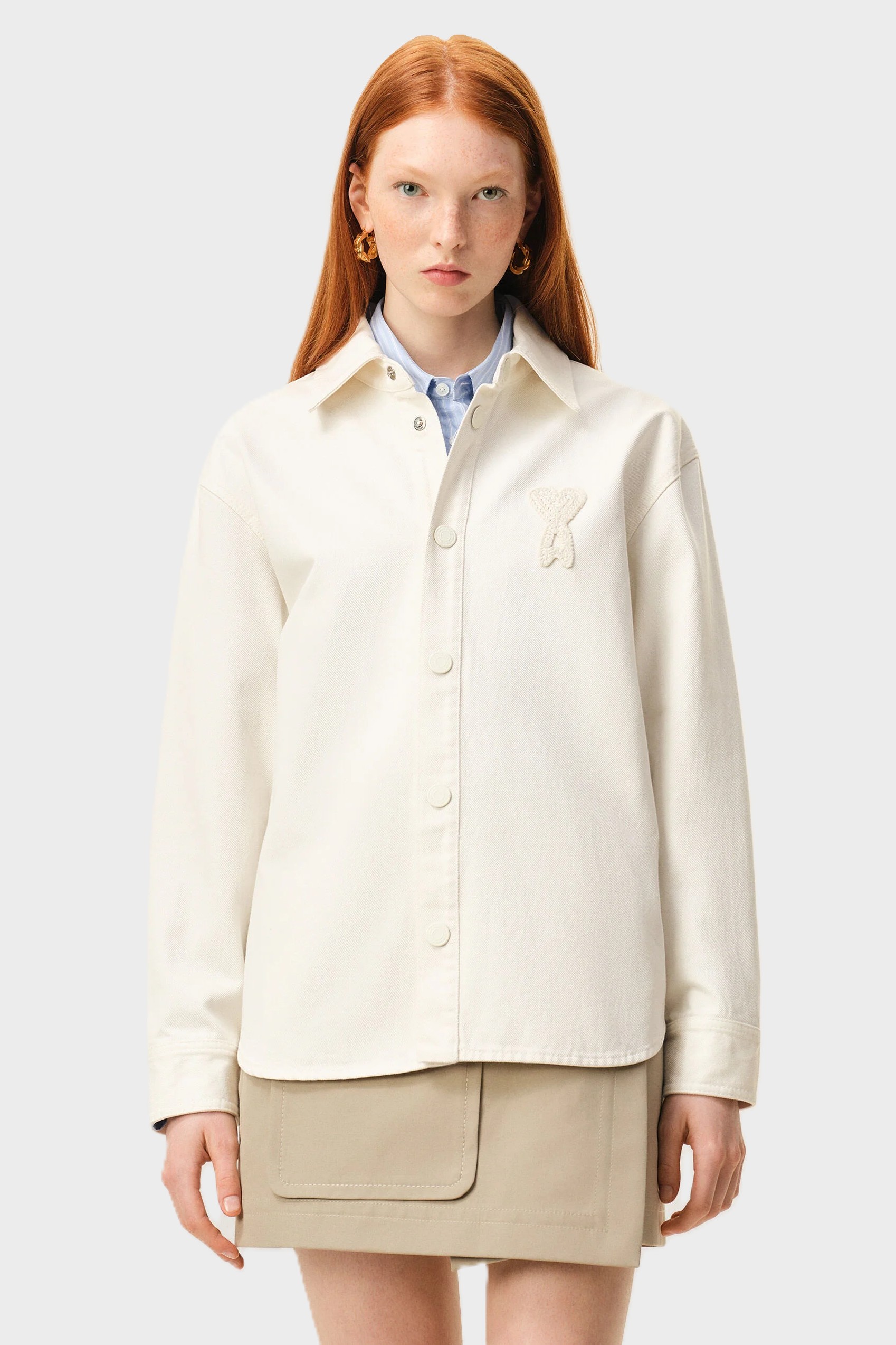 AMI PARIS de Coeur Cotton Twill Overshirt in White Cream