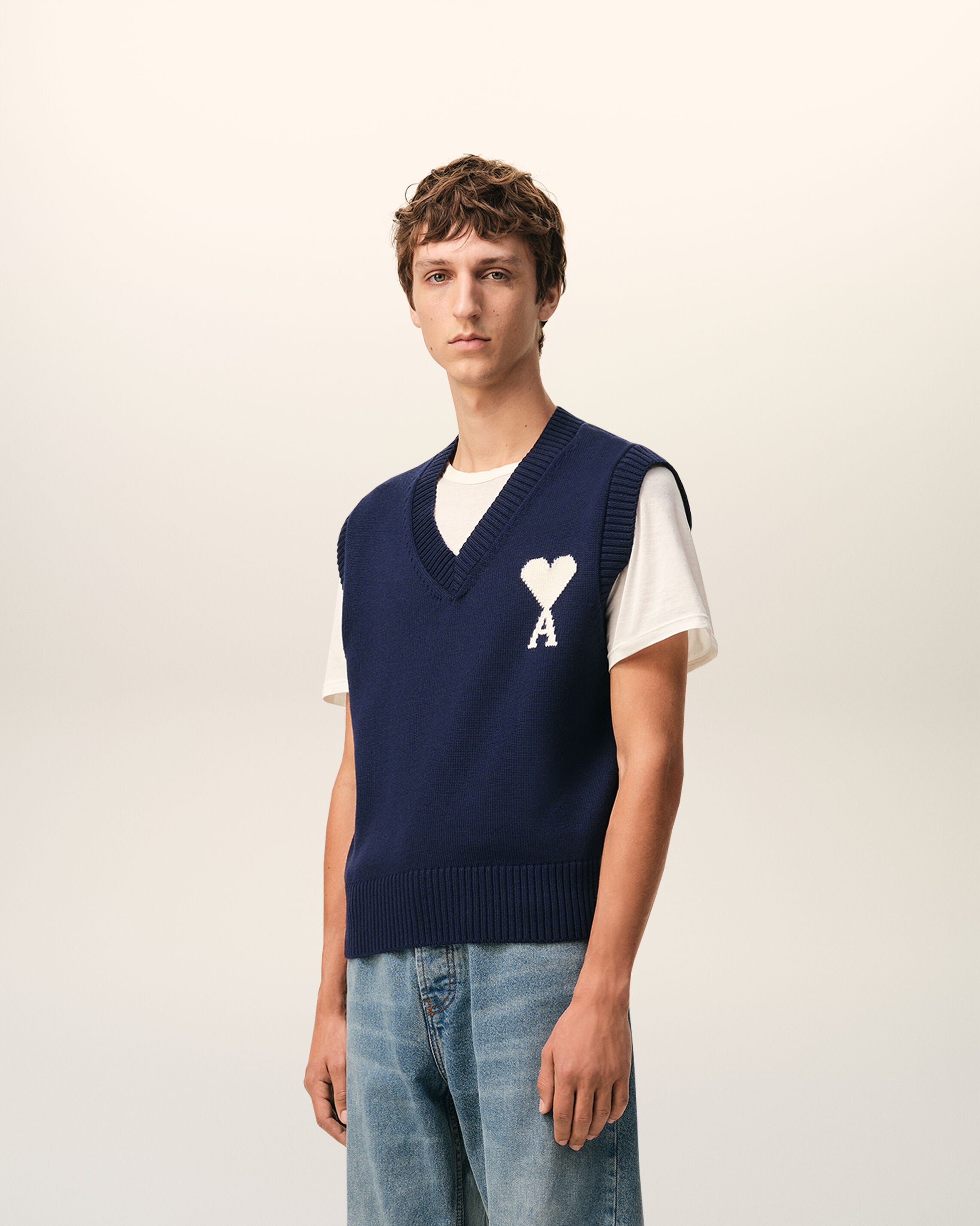 AMI PARIS de Coeur Wool/Cotton Knit Vest in Navy