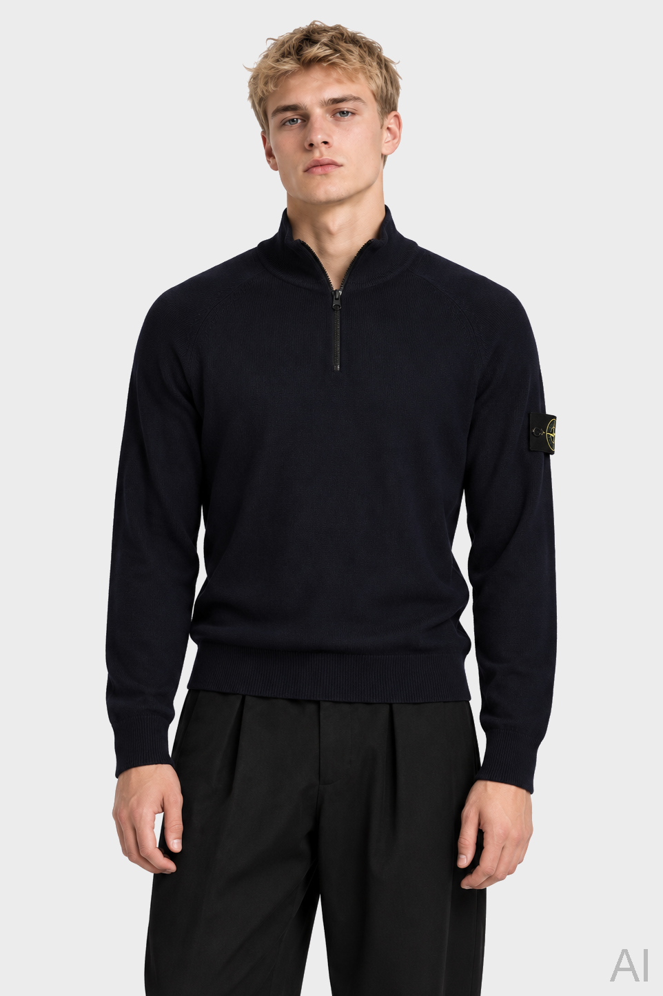 STONE ISLAND Light Knit Half Zip Pullover in Dark Navy