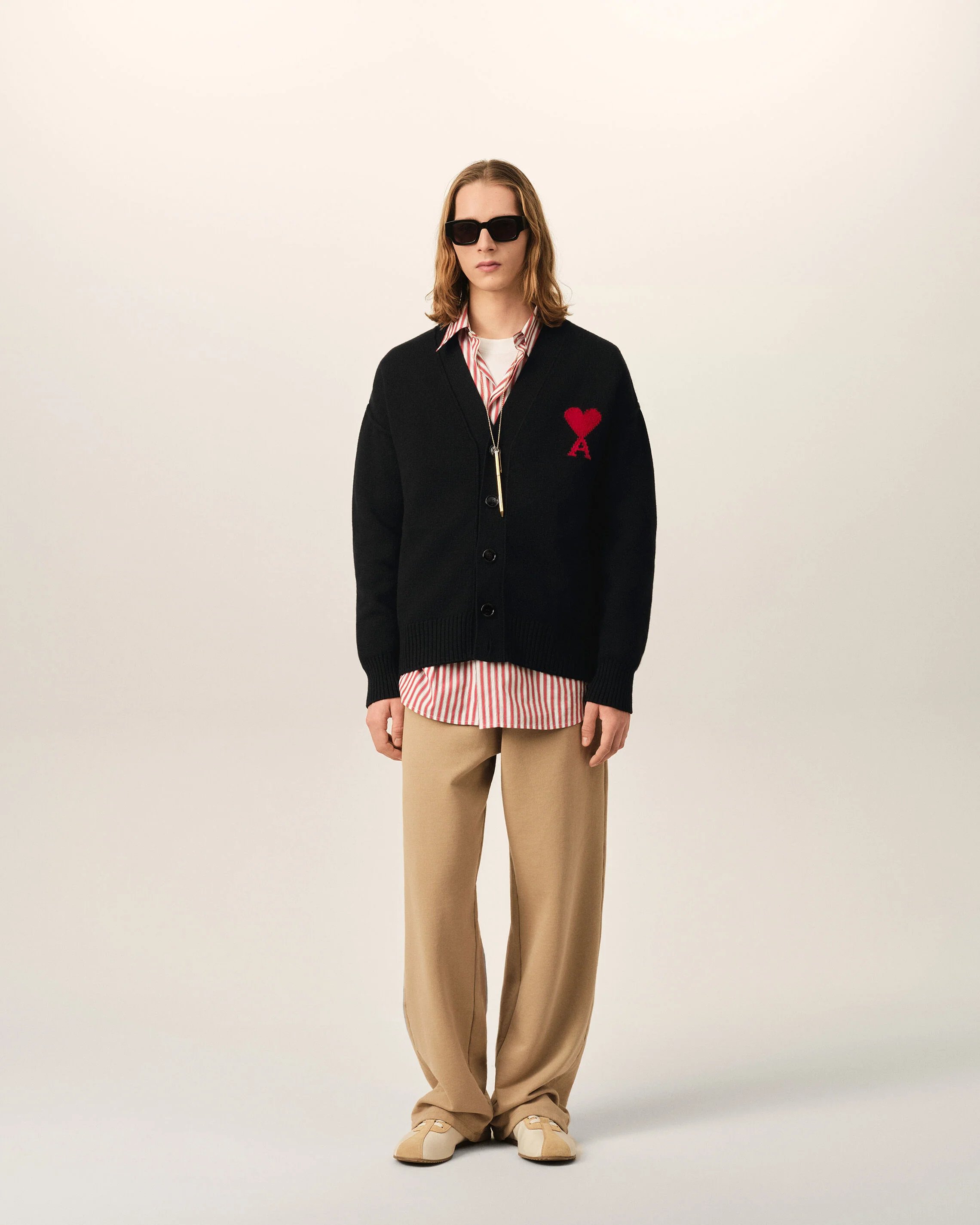 AMI PARIS de Coeur Heavy Knit Cardigan in Black / Red