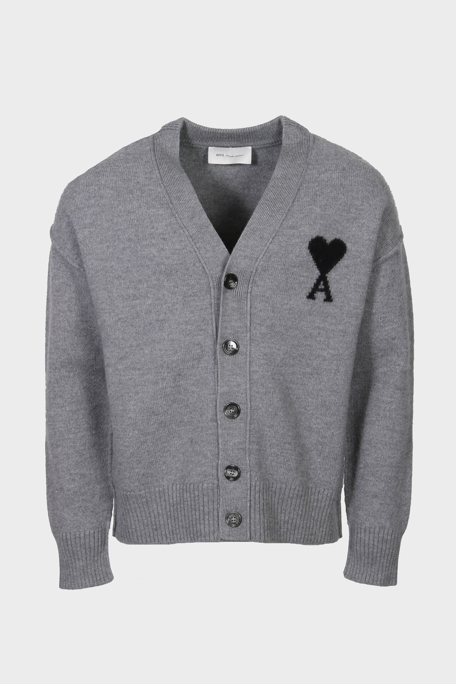 AMI PARIS de Coeur Heavy Knit Cardigan in Heather Ash Grey / Black