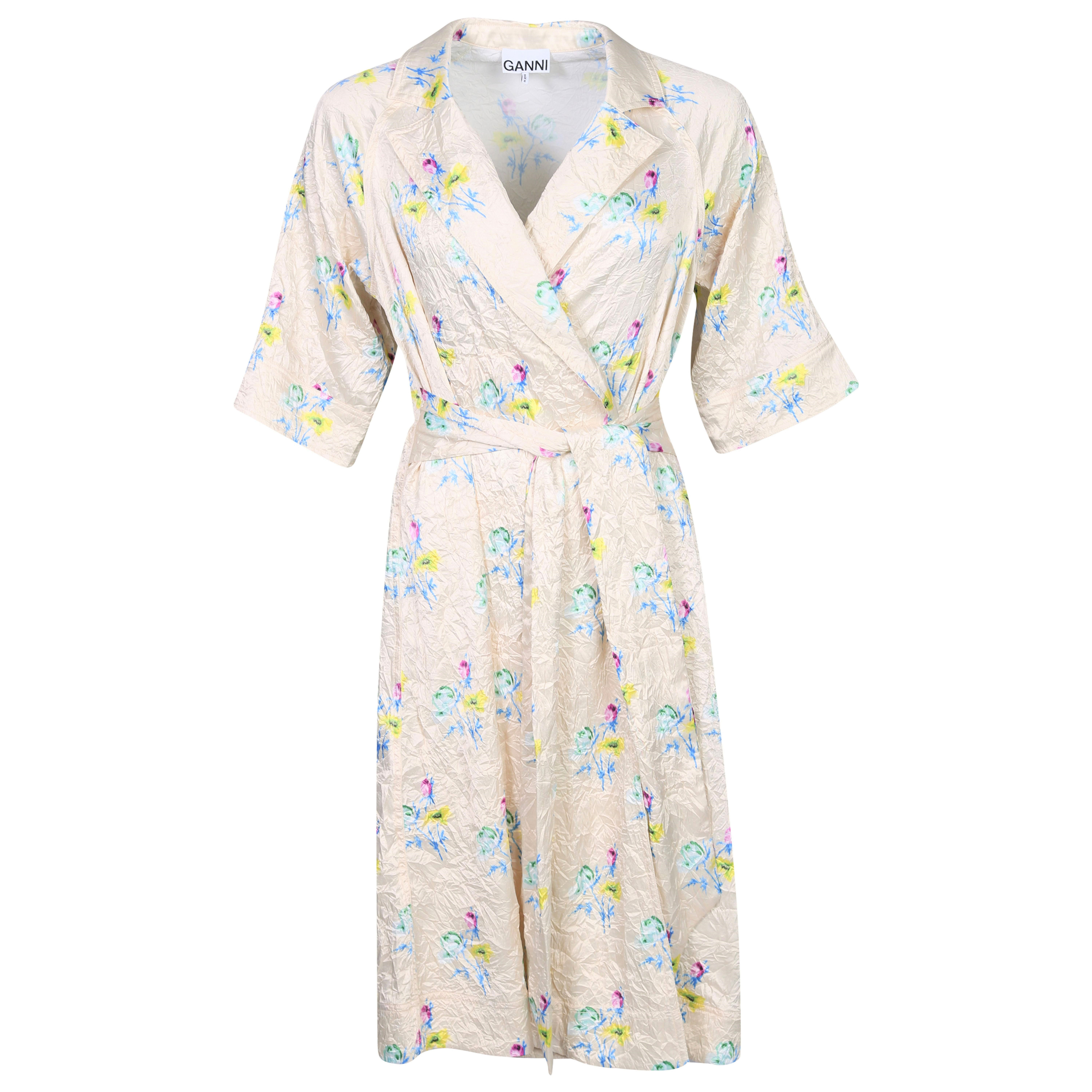 Ganni Crinkled Satin Wrap Dress in Floral Rutabaga 36