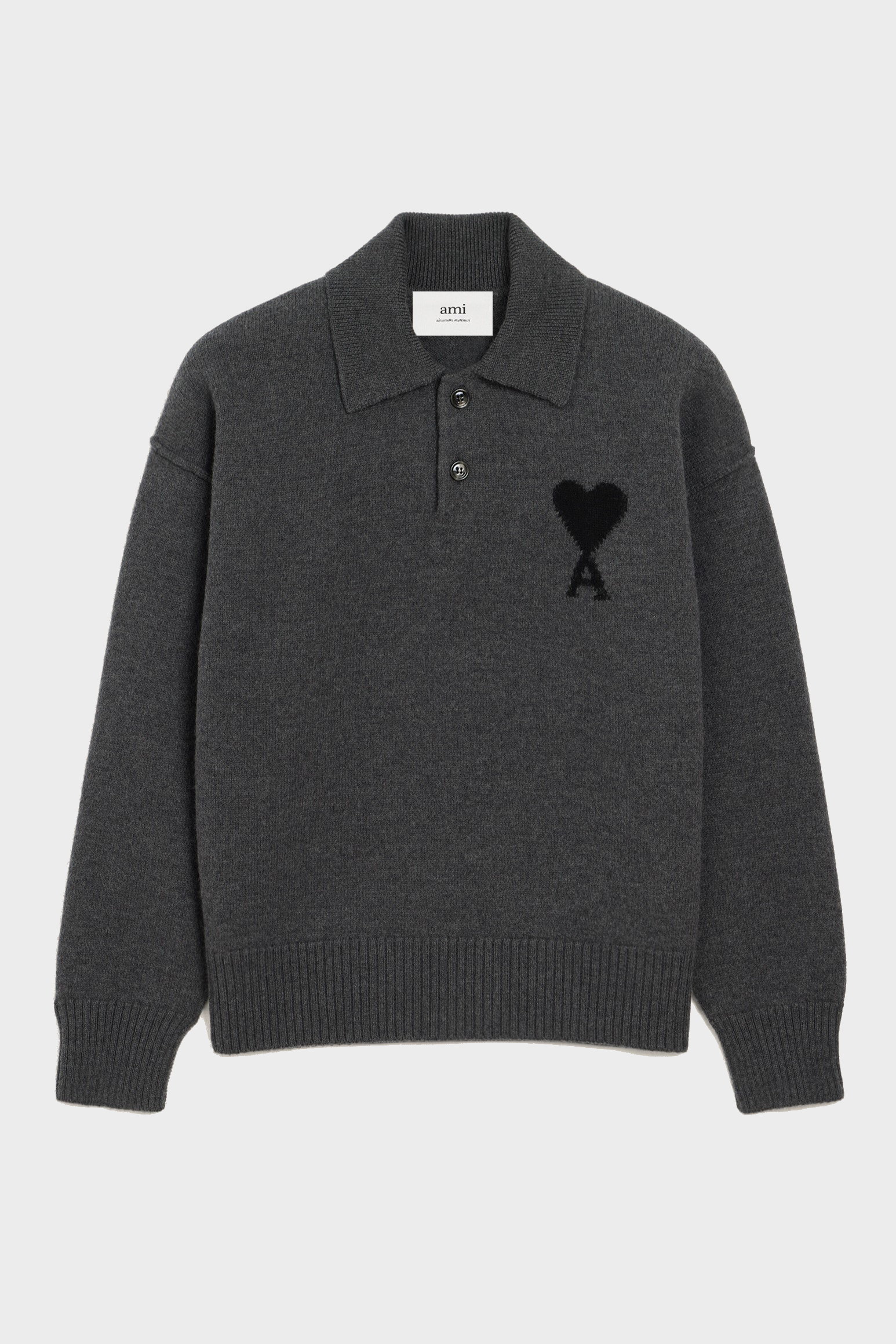 AMI PARIS de Coeur Knit Polo in Heather Grey/Black
