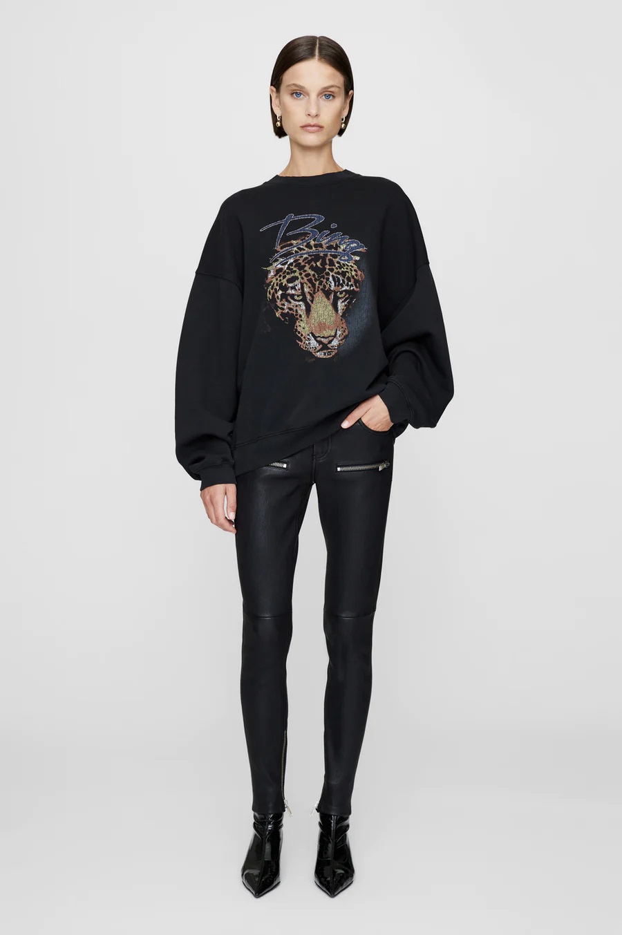 ANINE BING Harvey Sweatshirt Leopard in Vintage Black  XS
