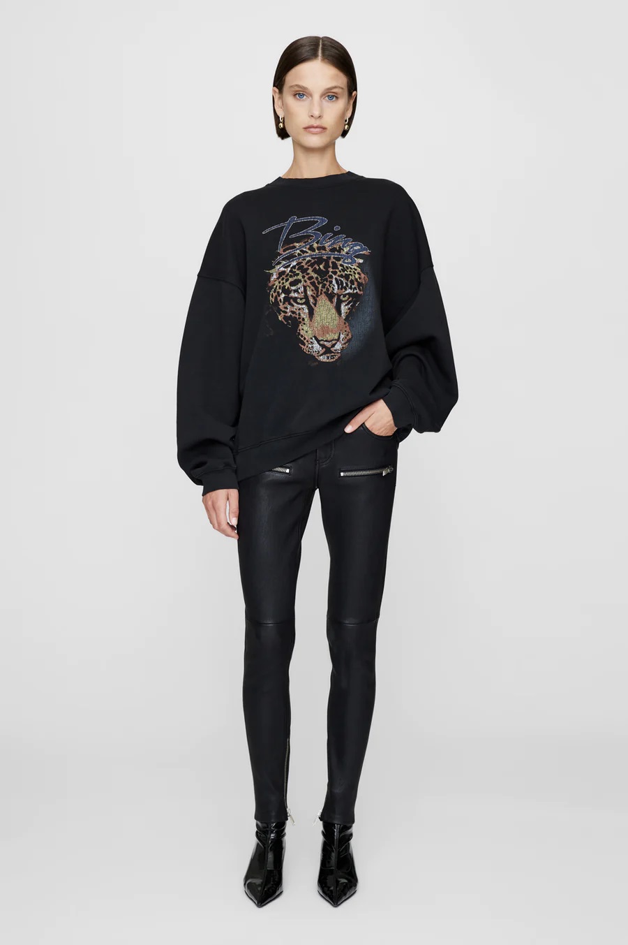 ANINE BING Harvey Sweatshirt Leopard in Vintage Black  L