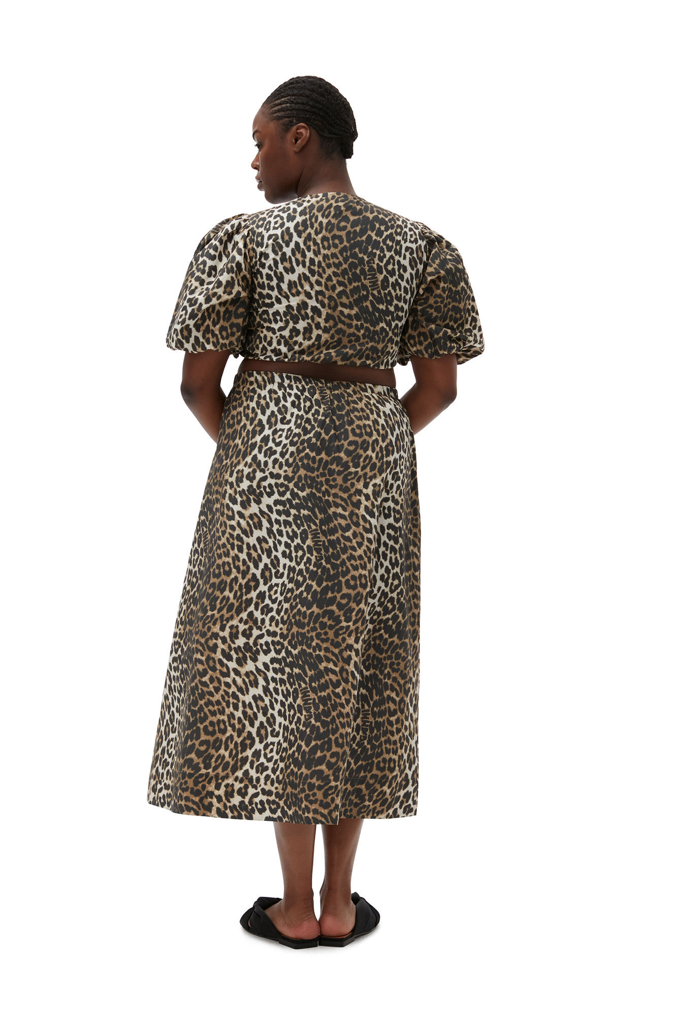 GANNI Printed Cotton Elasticatet Maxi Skirt in Big Leopard Almond 36