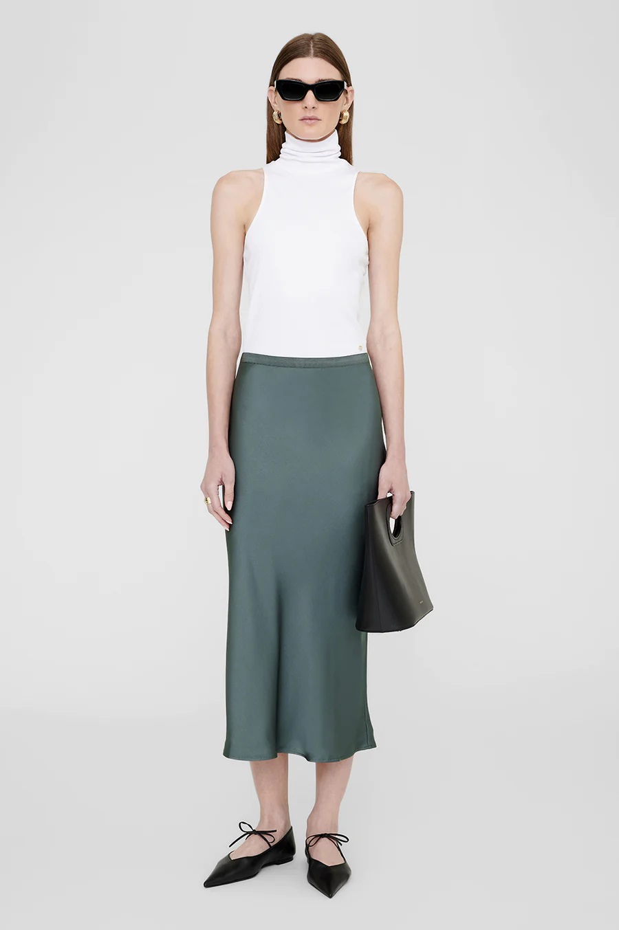 ANINE BING Bar Silk Skirt in Dark Sage