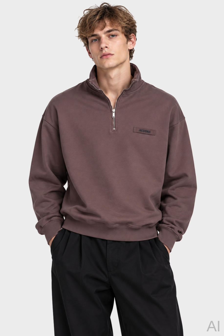 JACQUEMUS Grosgrain Half Zip Sweatshirt in Brown
