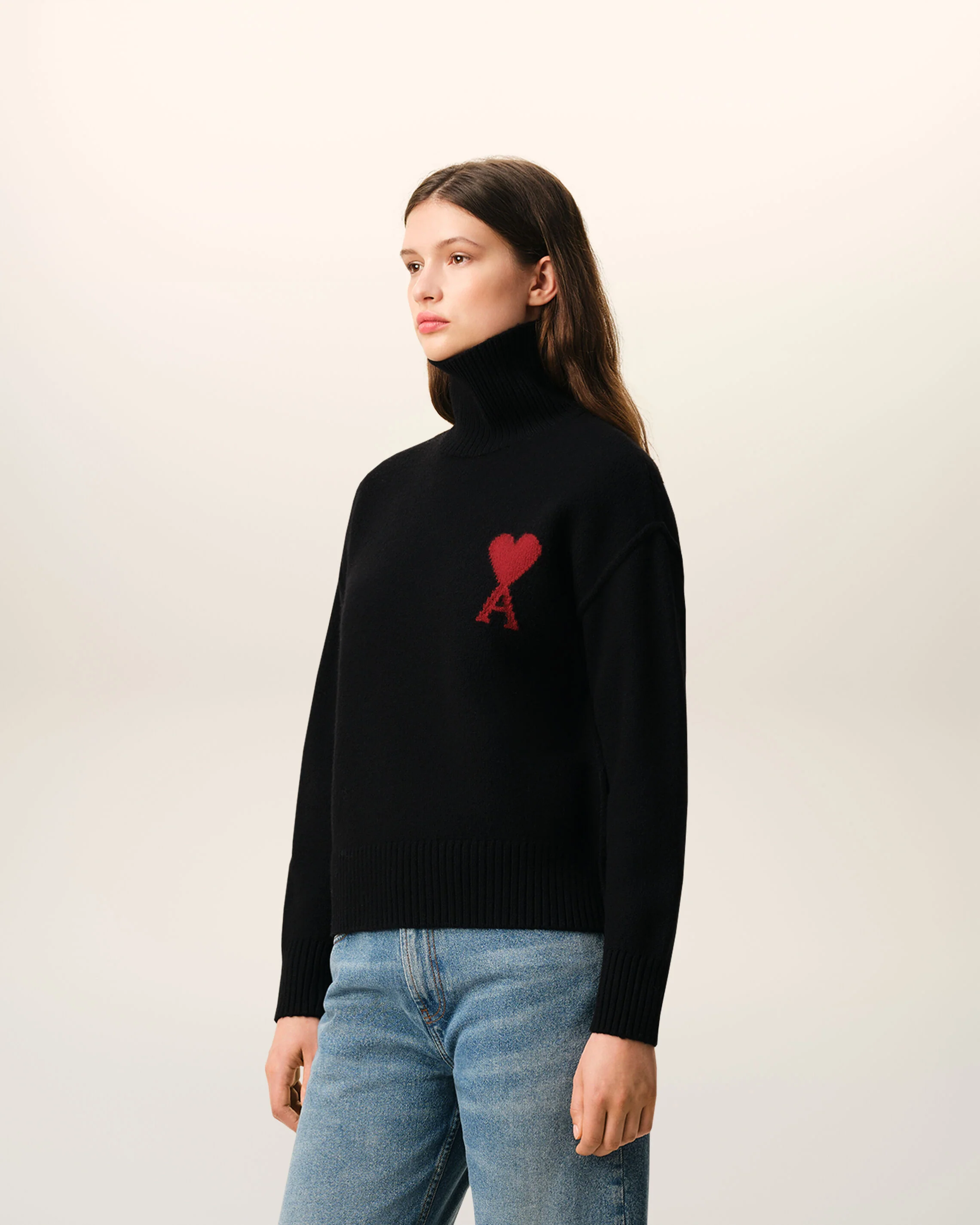 AMI PARIS de Coeur Heavy Knit Turtle Neck Sweater in Black / Red