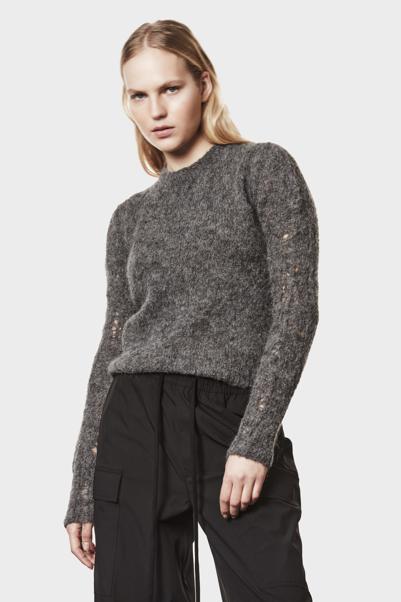 THOM KROM Distroyed Knit Pullover in Dark Grey Melange
