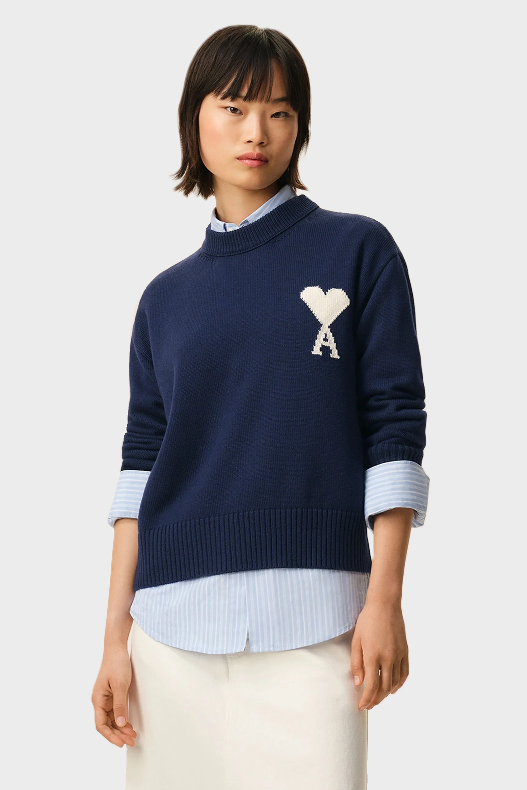 AMI PARIS de Coeur Wool/Cotton Knit Pullover in Navy