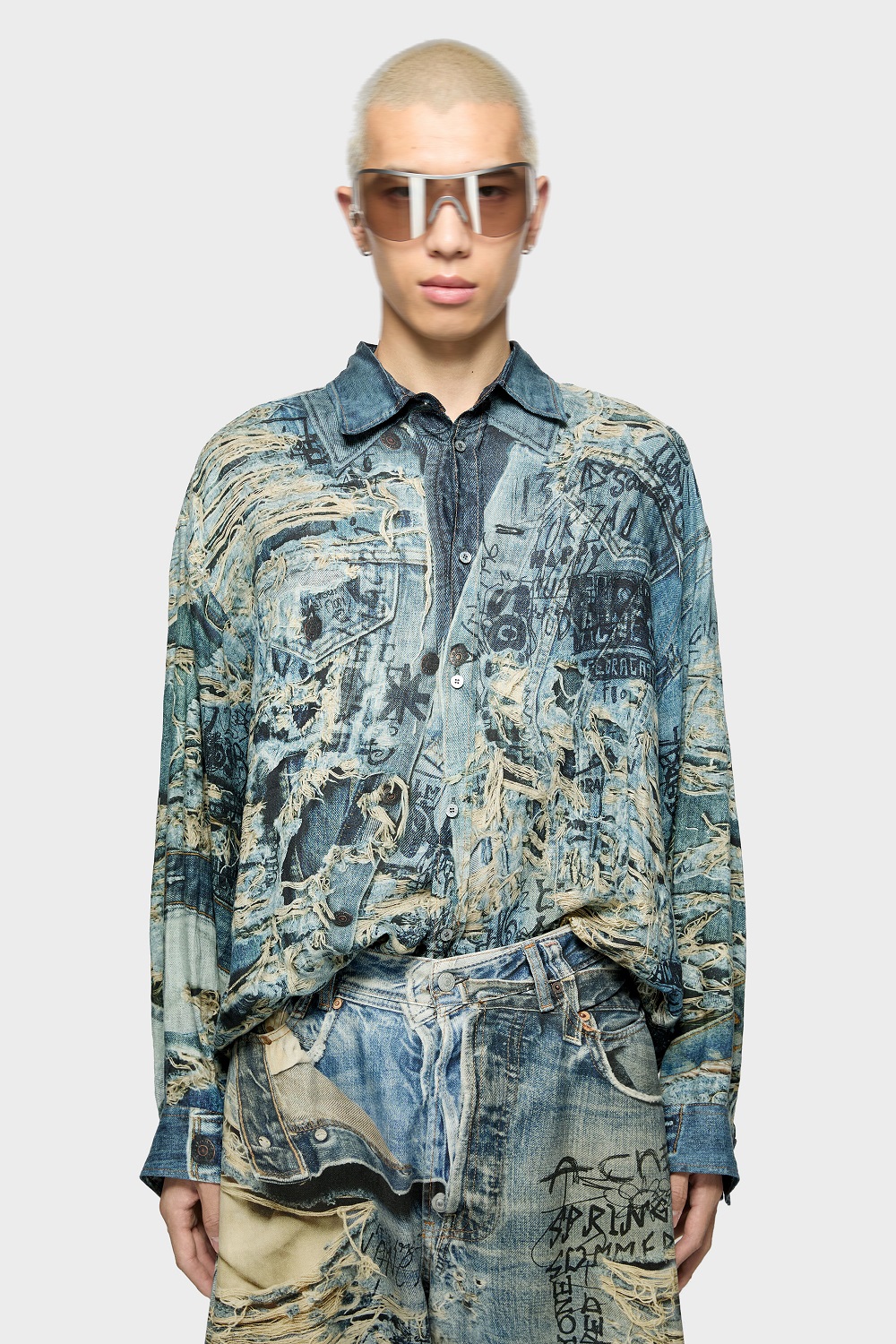 ACNE STUDIOS Oversize Printed Linen Shirt in Denim Blue ACNE STUDIOS Oversize Printed Linen Shirt in Denim Blue
