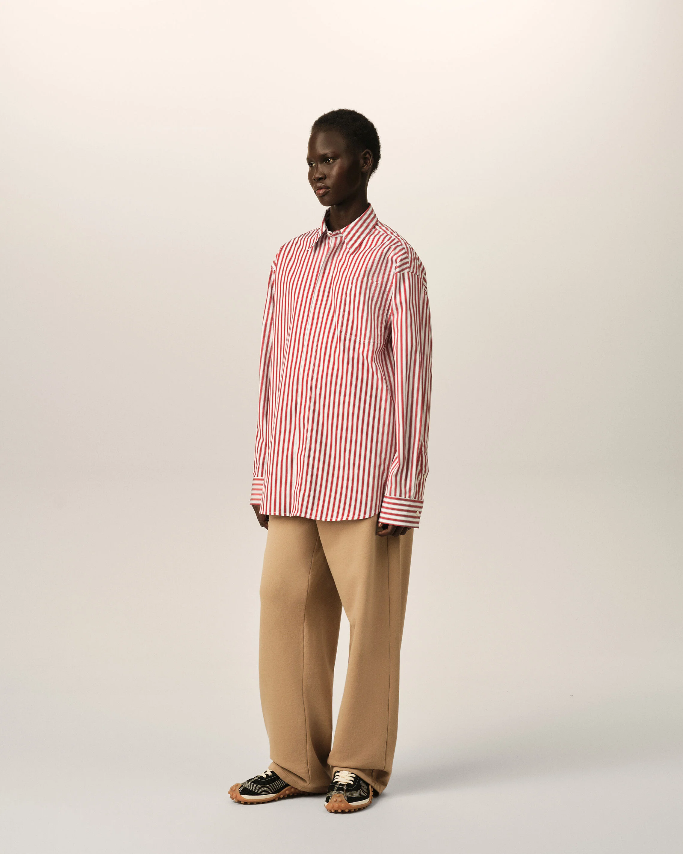 AMI PARIS de Coeur Oversize Stripe Shirt in Ruby Red / White