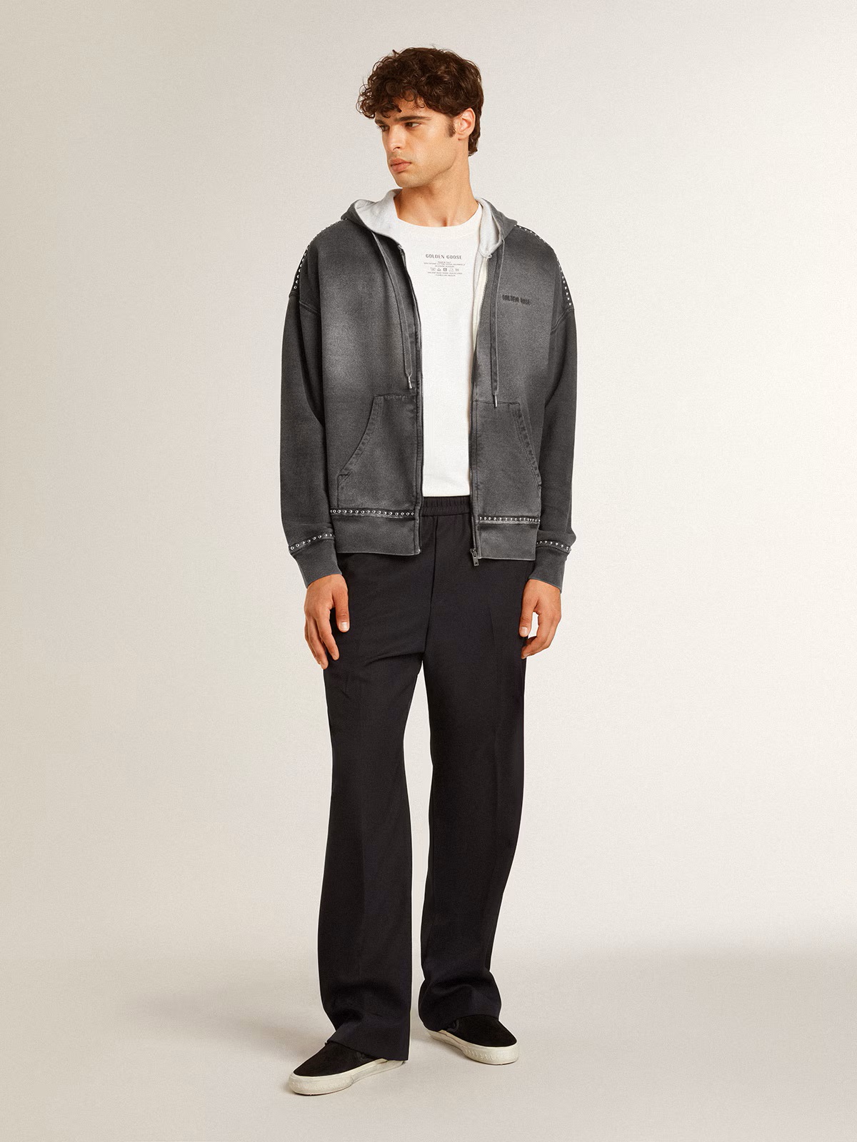 GOLDEN GOOSE Michael Zip Hoodie with Studs in Dark Grey L