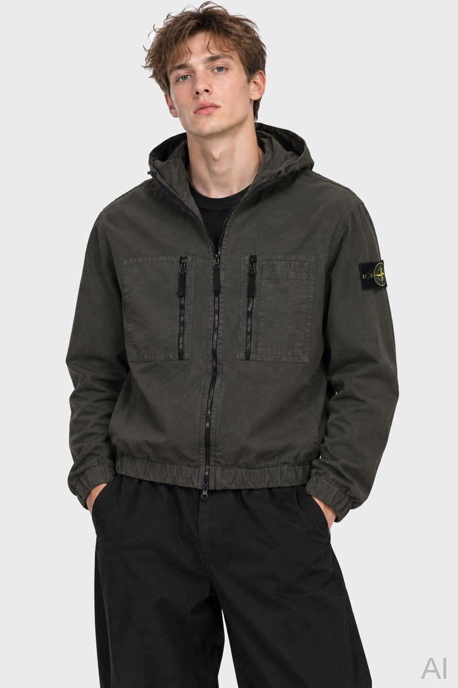 STONE ISLAND Light Cotton Ripstop Hooded Jacket in Dark Olive