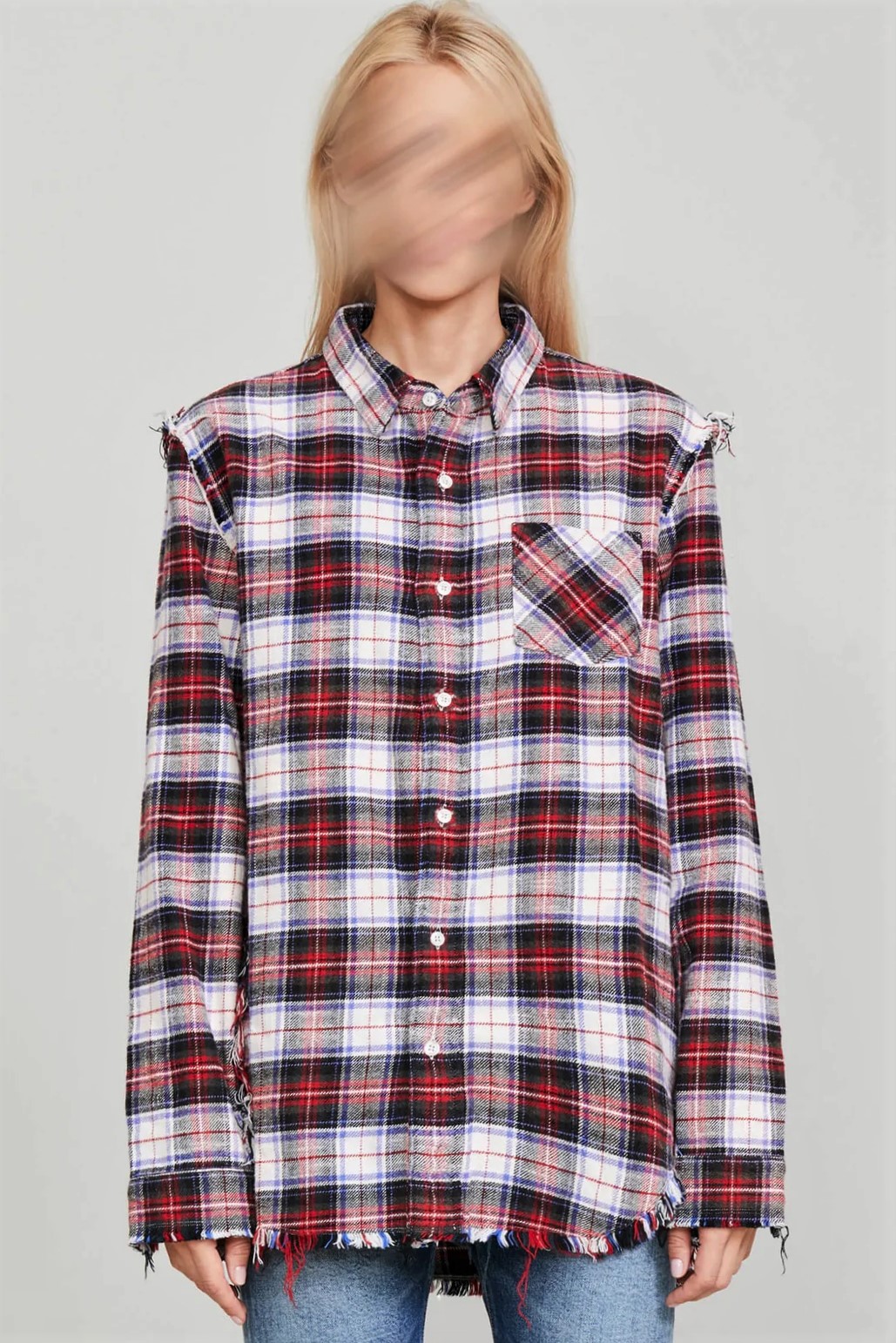 R13 Shredded Seam Shirt in Ecru Plaid S