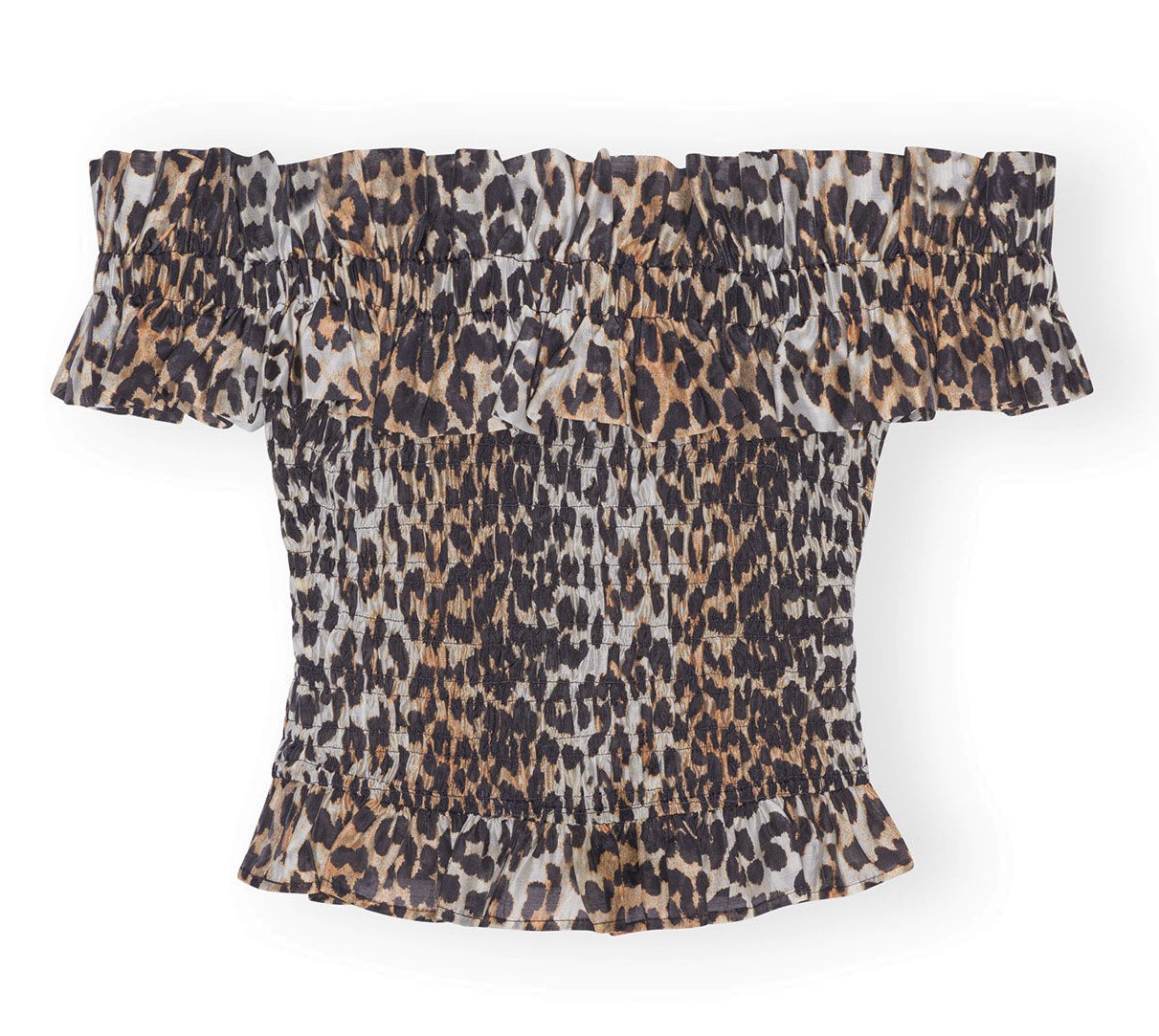 GANNI Sheer Voile Cropped Off-Shoulder Smock Top in Leopard
