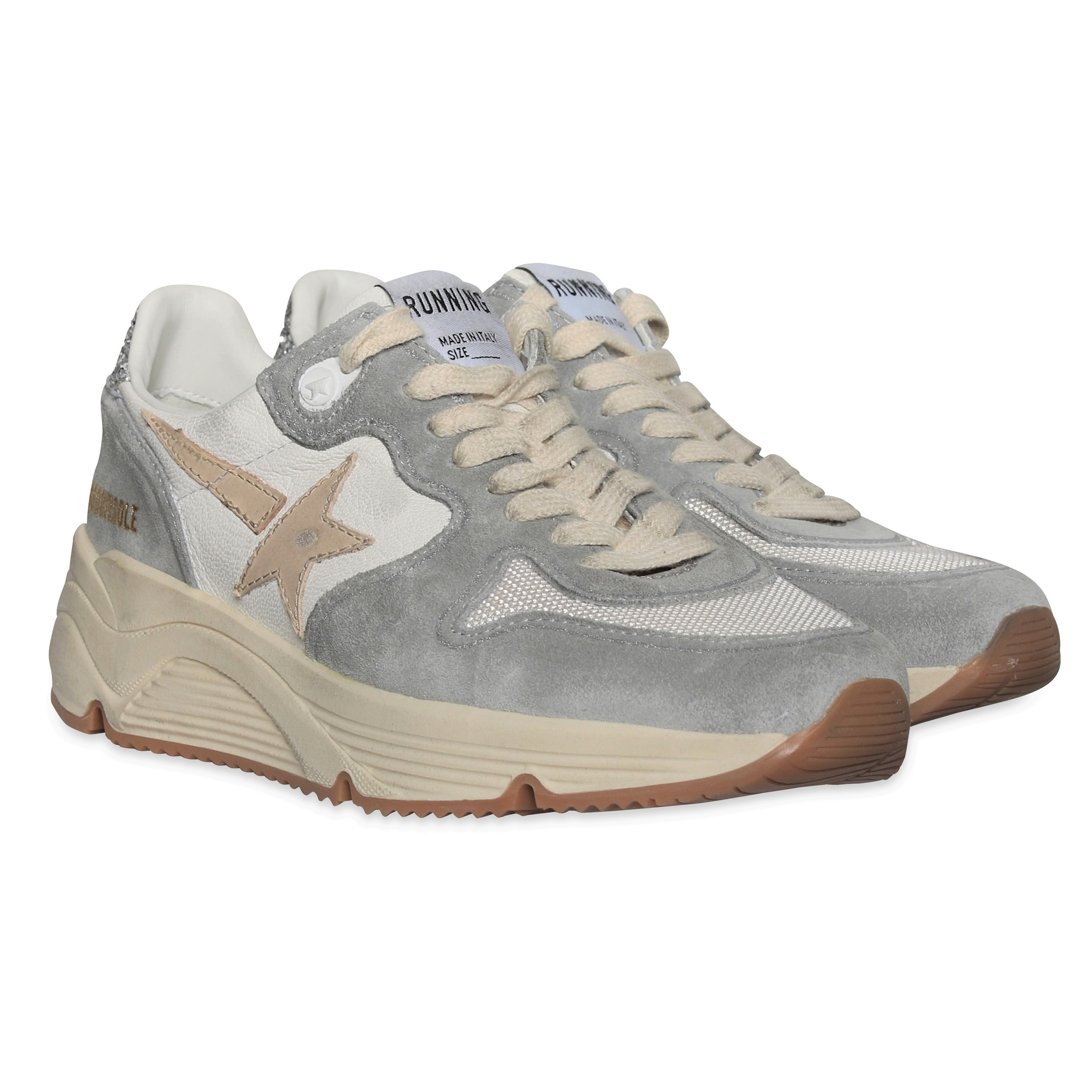 Golden Goose Sneaker Running Sole in Silver/White/Cream/Smoke 36