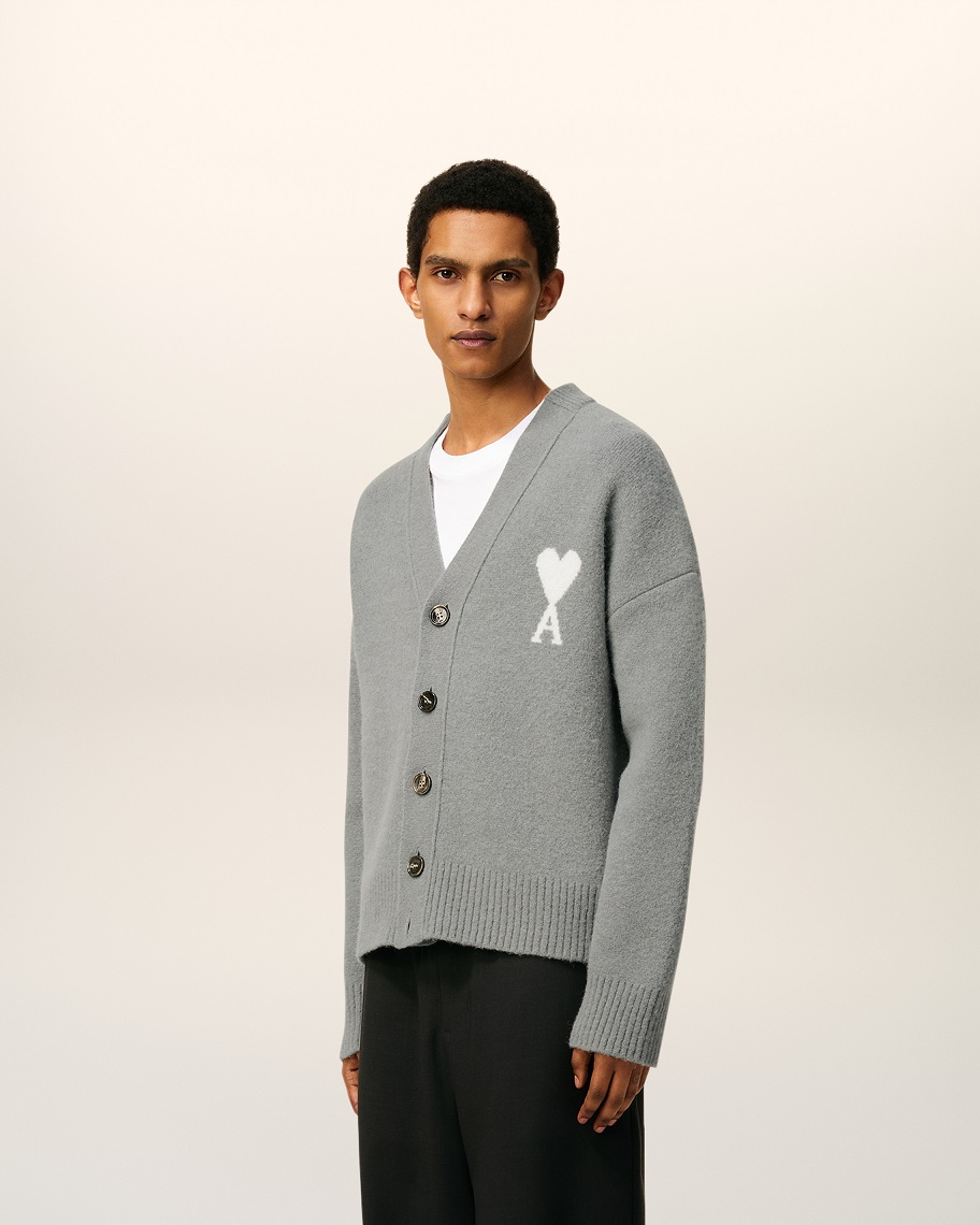 AMI PARIS de Coeur Knit Cardigan in Grey/Off White