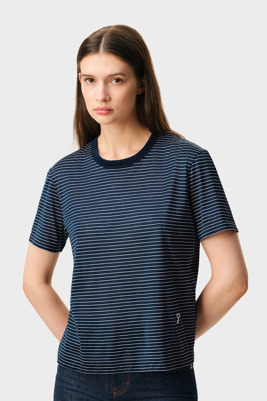 AMI PARIS de Coeur Mercerized Stripe T-Shirt in Ink/White