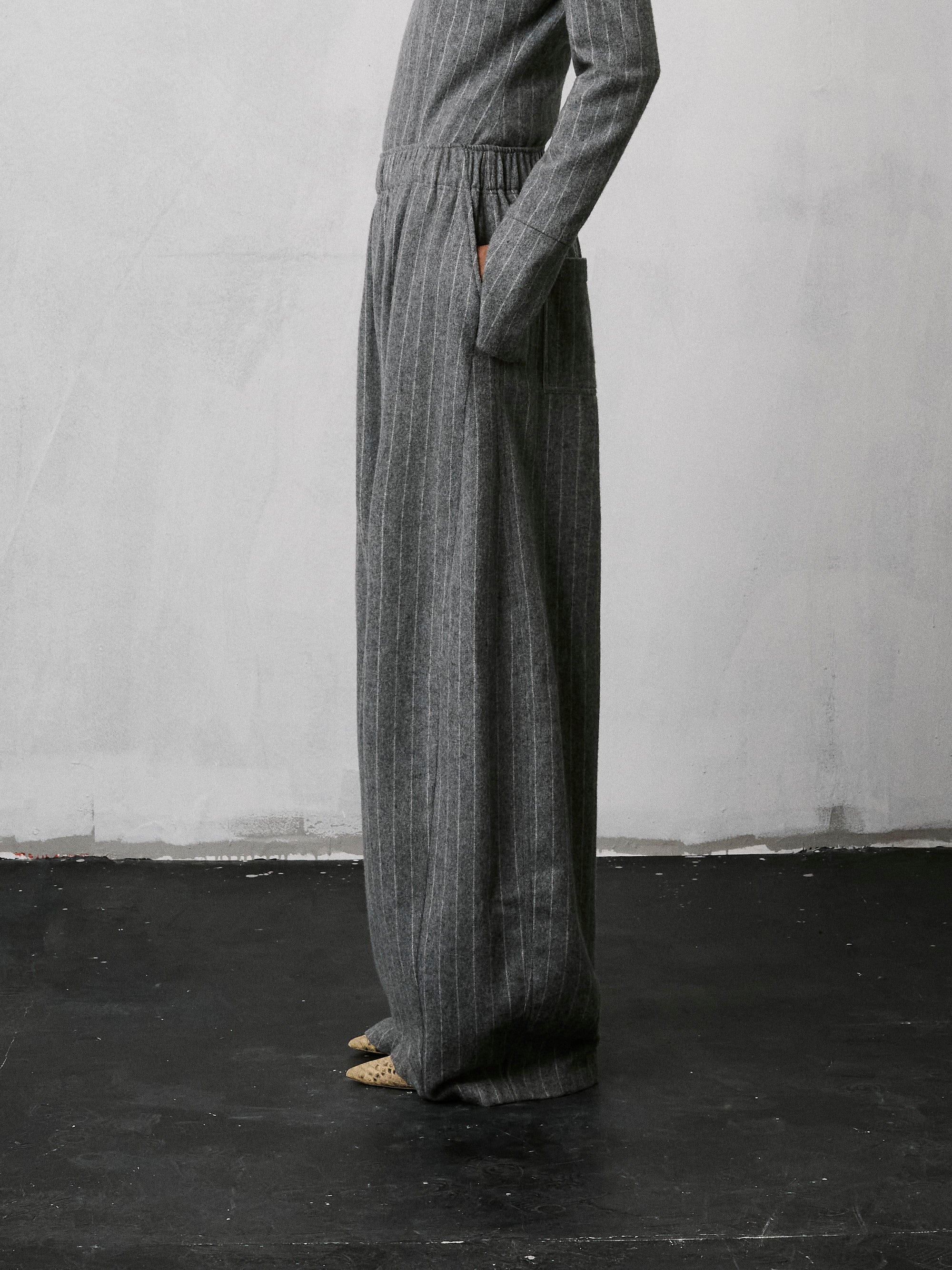 THE LATEST Pinstripe Wool Pant in Light Grey