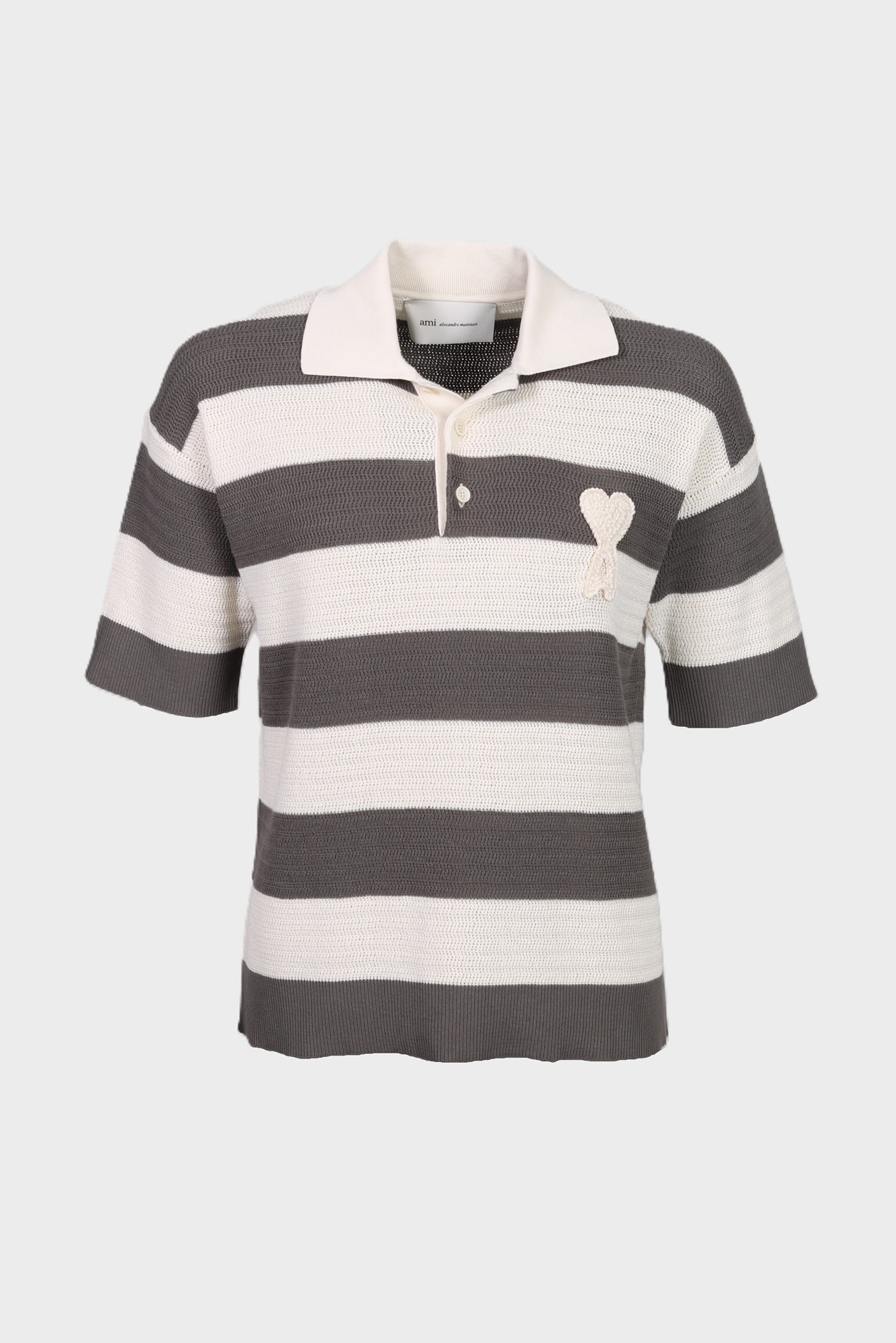 AMI PARIS de Coeur Ajouré Knit Polo Shirt in White Cream/Carbon