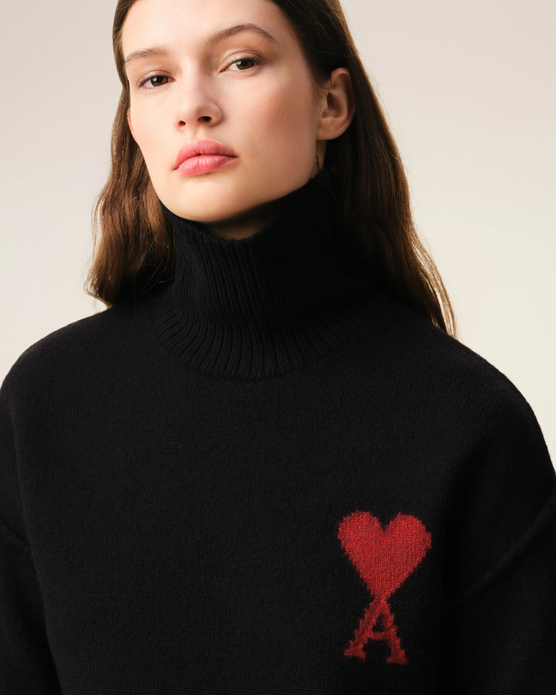 AMI PARIS de Coeur Heavy Knit Turtle Neck Sweater in Black / Red