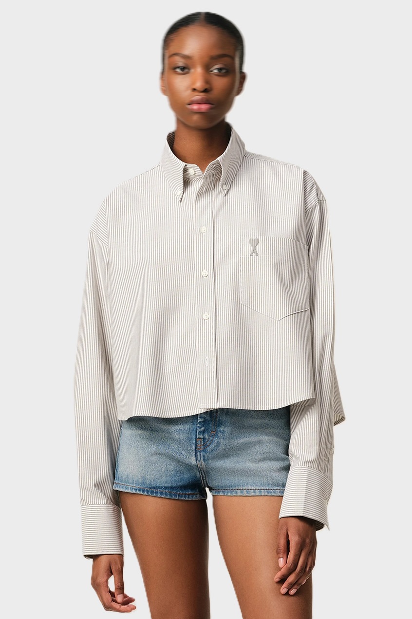 AMI PARIS Chemise Cropped Oversize Shirt in Loden/White Cream Stripe AMI PARIS Chemise Cropped Oversize Shirt in Loden/White Cream Stripe