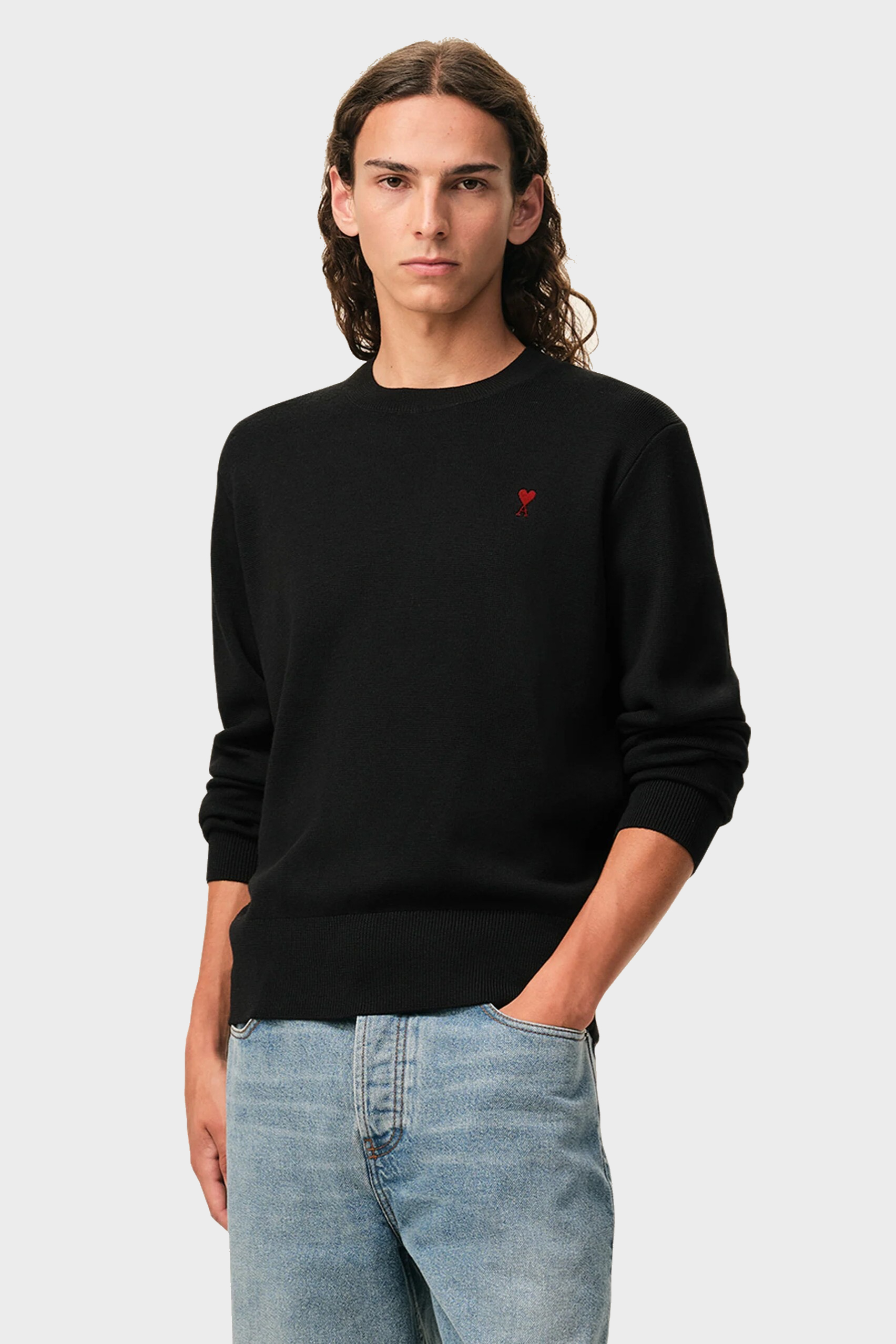 AMI PARIS de Coeur Merino Knit Pullover in Black/Red Logo