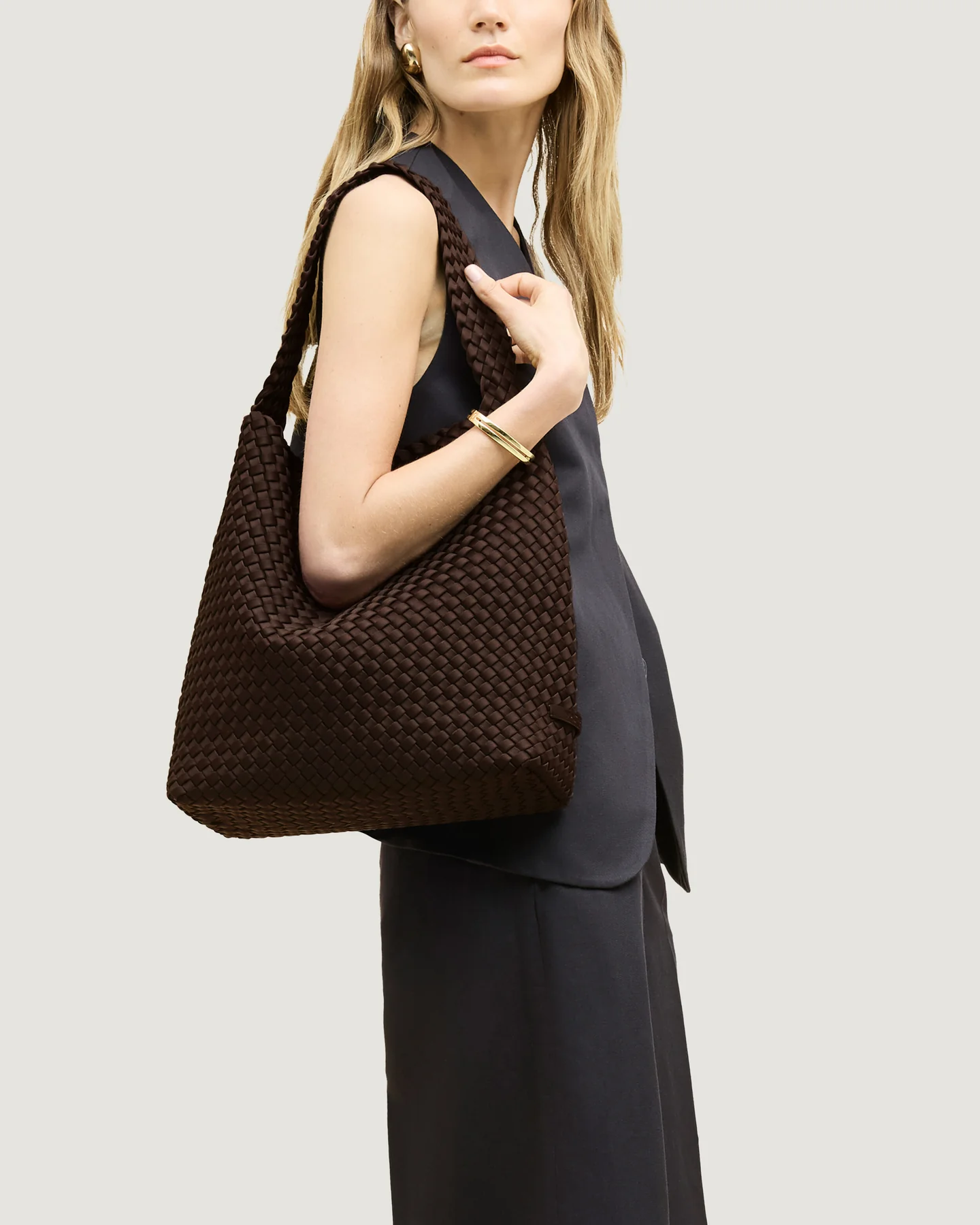 NAGHEDI Handwoven Medium Nomad Hobo Bag in Chocolate