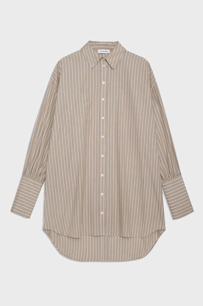 ANINE BING Lake Shirt Dress in Taupe/White Stripe