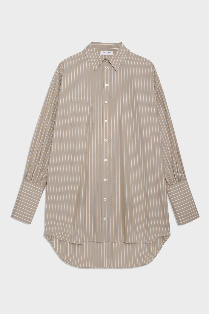 ANINE BING Lake Shirt Dress in Taupe/White Stripe S