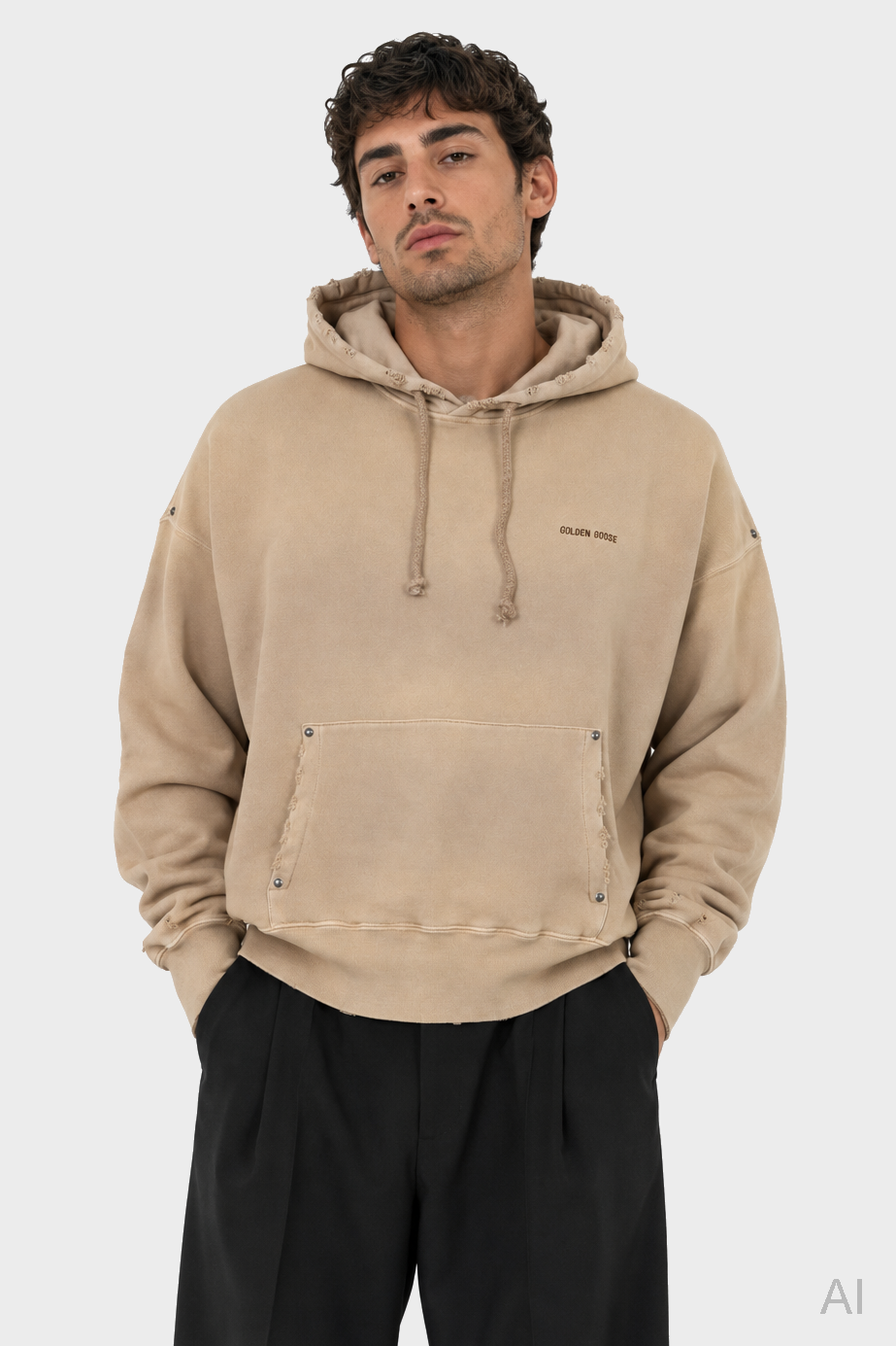 GOLDEN GOOSE Heavy Cotton Logo Hoodie in Vintage Beige