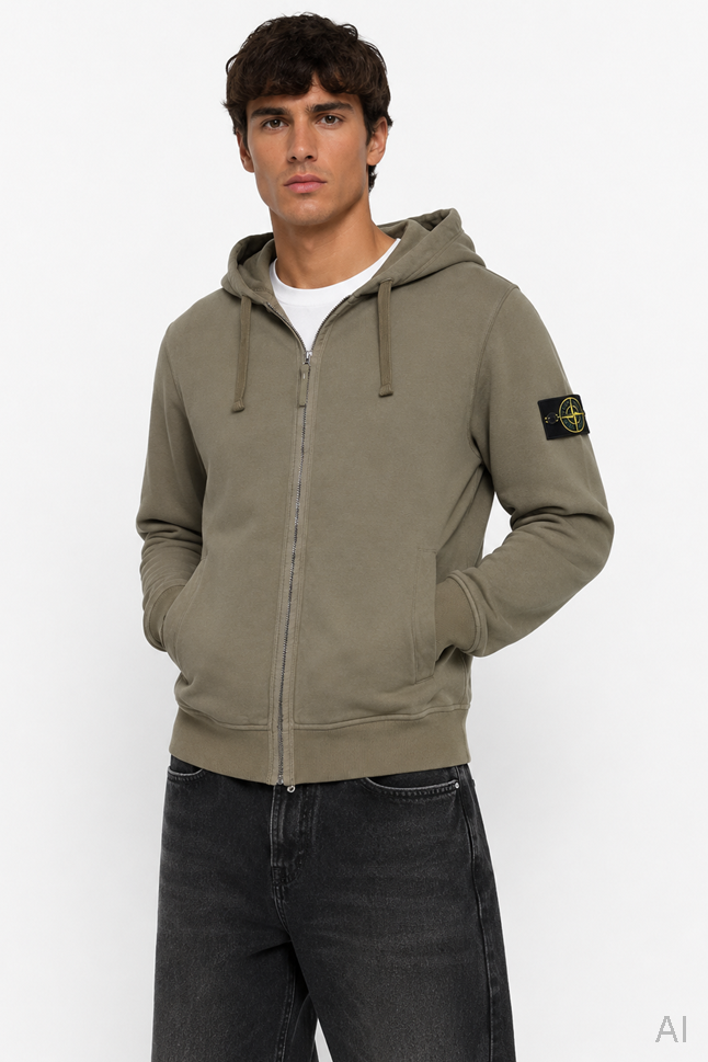 STONE ISLAND Loose Fit Zip Hoodie in Light Olive
