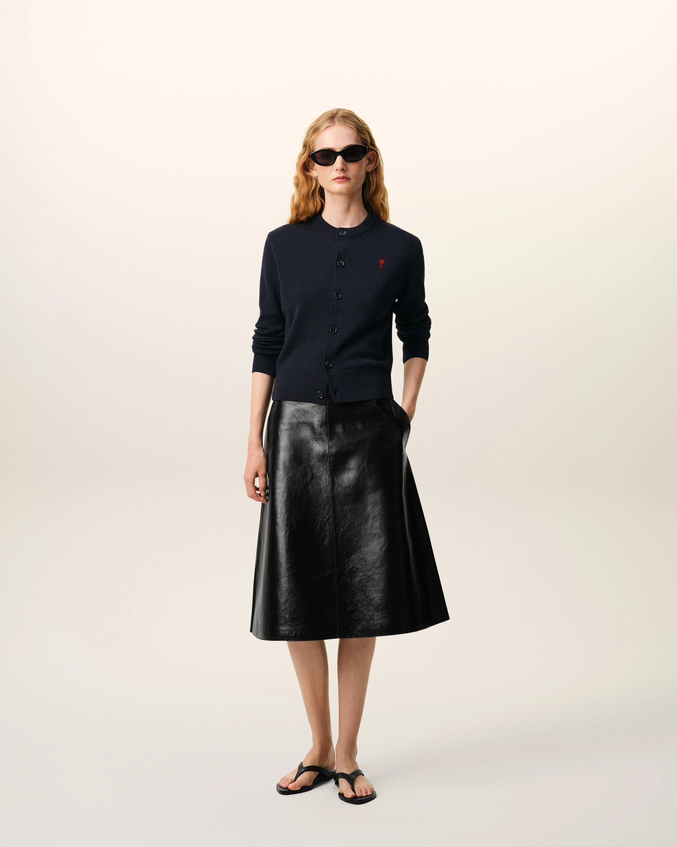 AMI PARIS de Coeur Knit Cardigan in Navy/Red