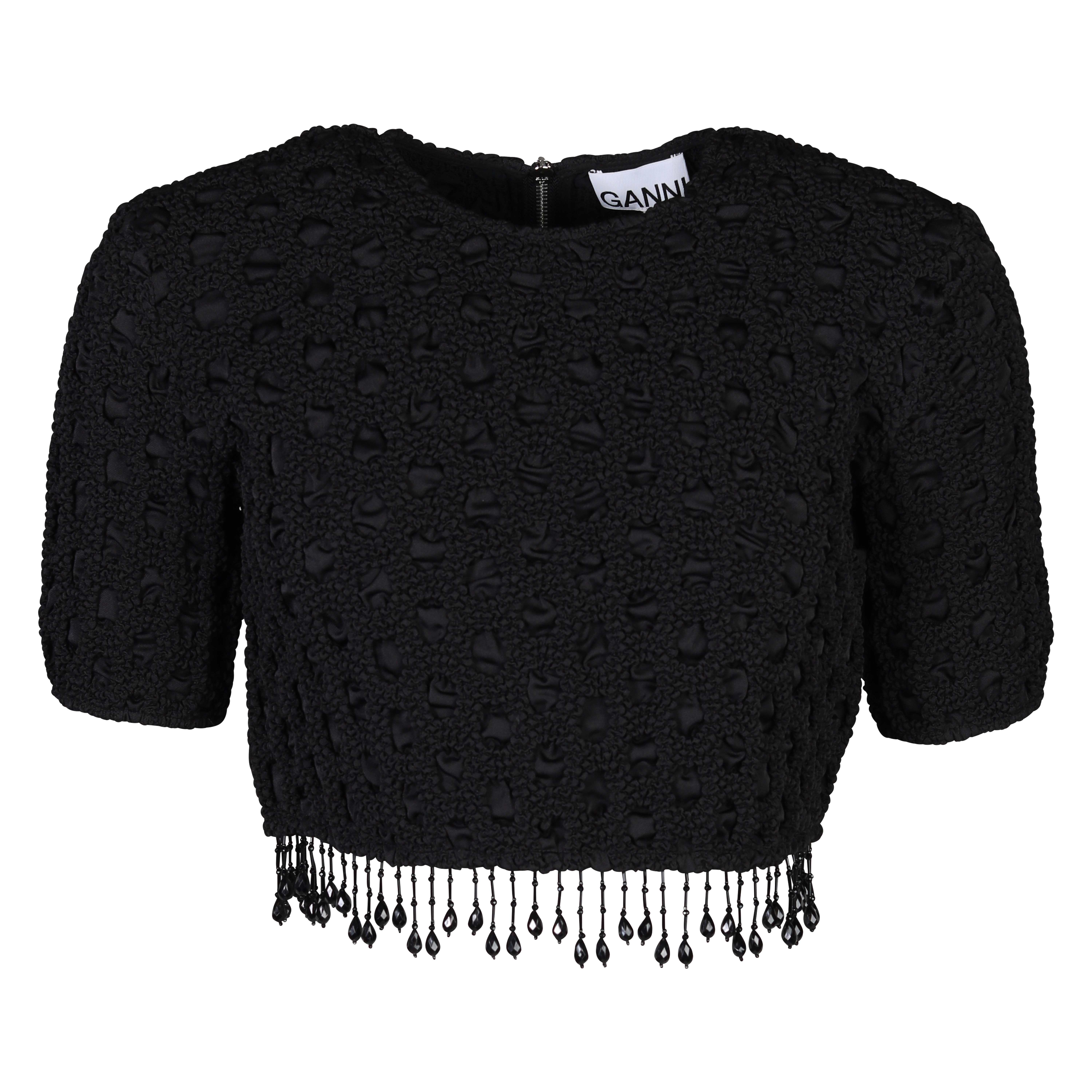 Ganni Bead Fringes O-Neck Smock Top in Black