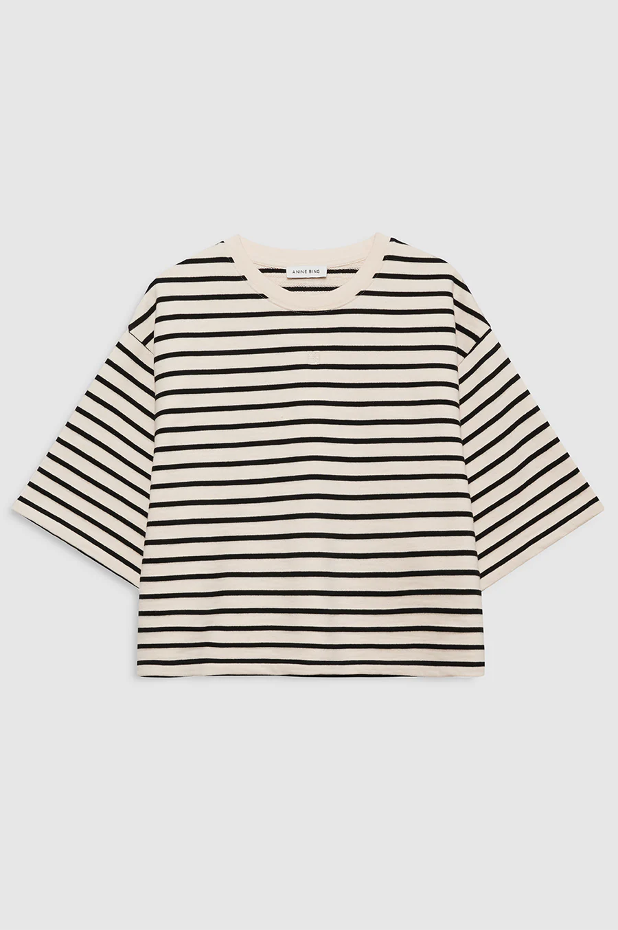 ANINE BING Myers French Terry Cropped T-Shirt in Black Stripe 