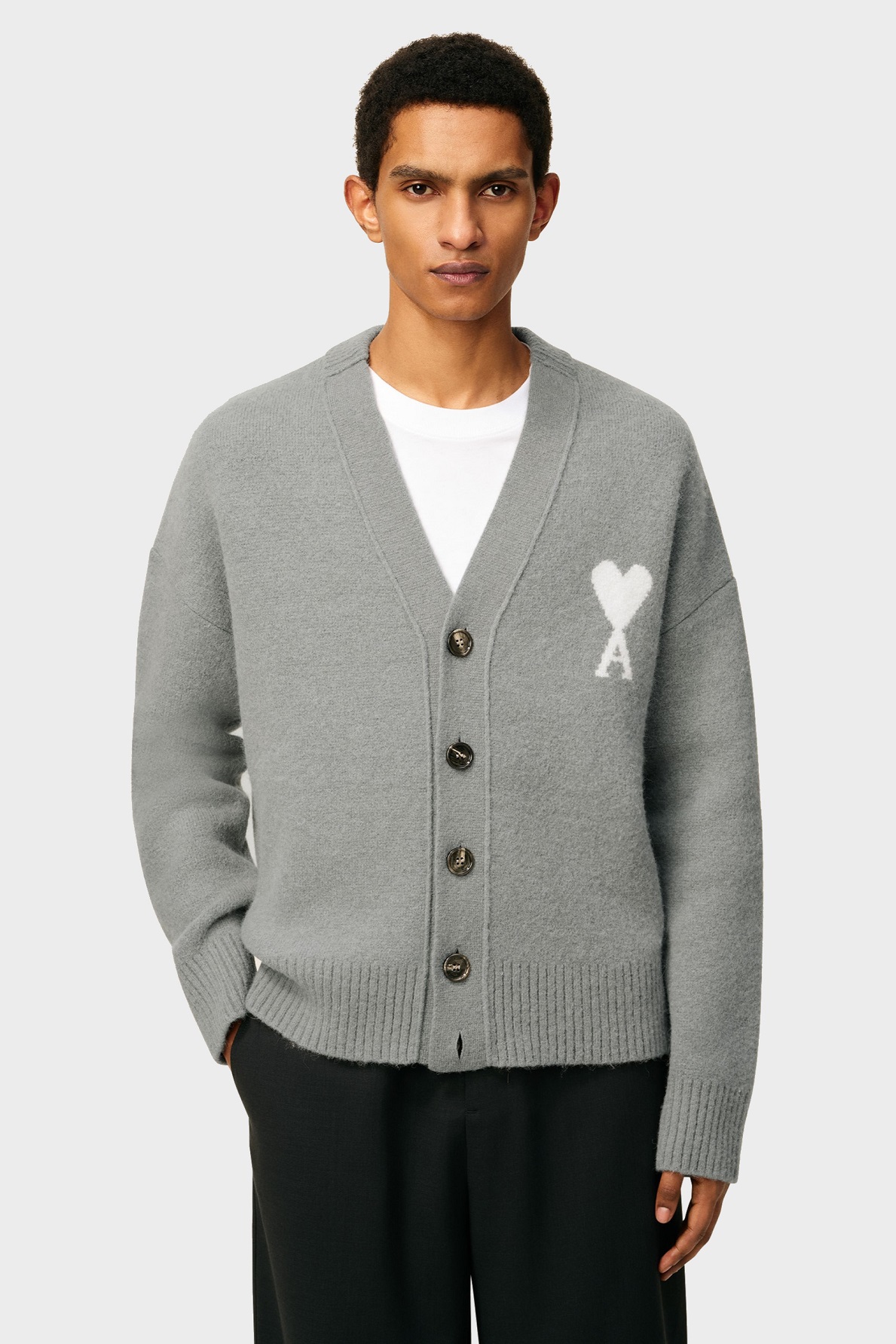 AMI PARIS de Coeur Knit Cardigan in Grey/Off White