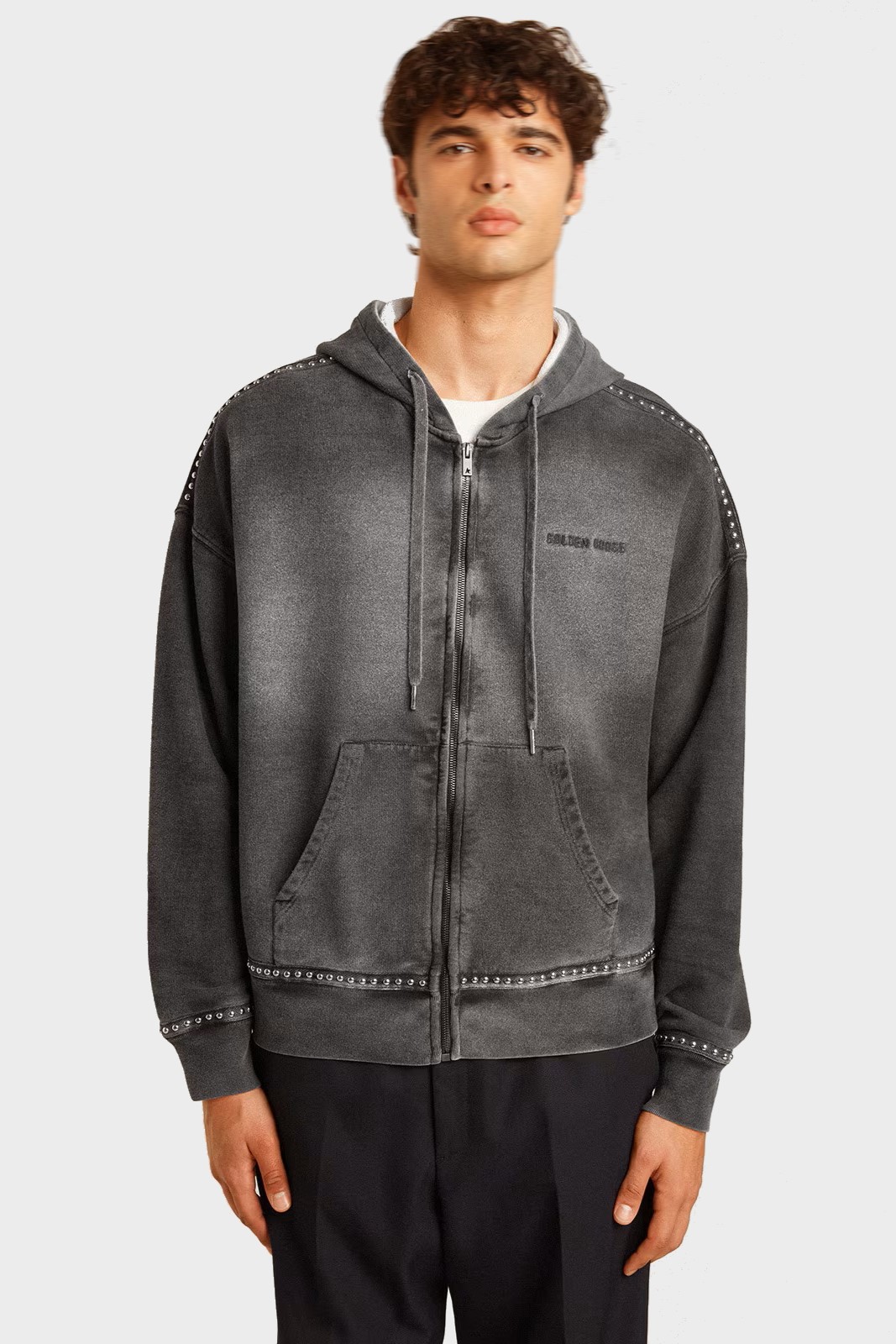 GOLDEN GOOSE Michael Zip Hoodie with Studs in Dark Grey L