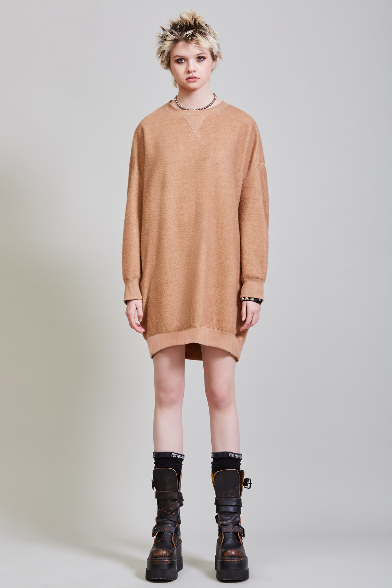 R13 Oversized Grunge Sweatshirt Dress Camel