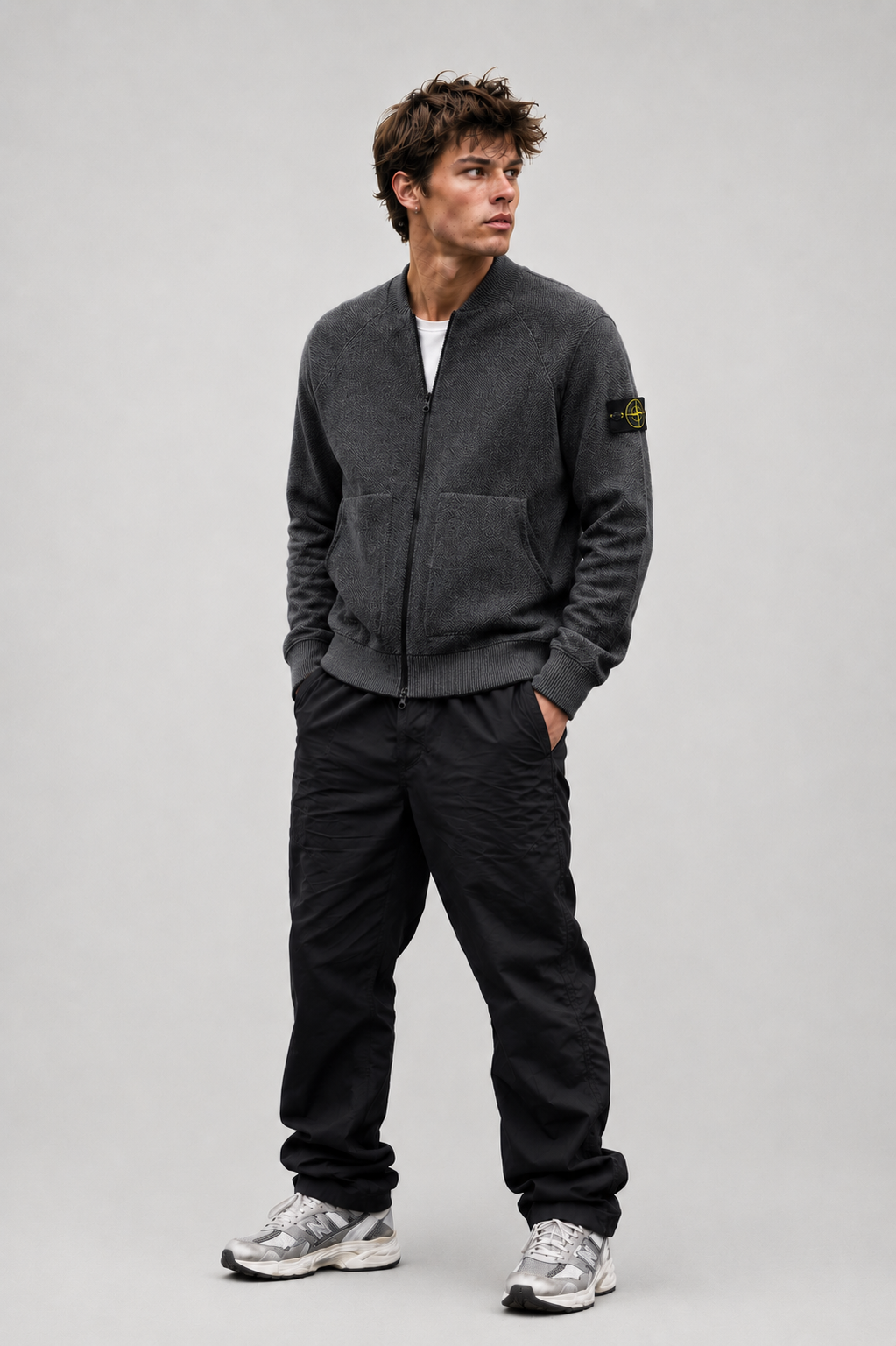STONE ISLAND Cotton Knit Bomber Jacket in Dark Grey