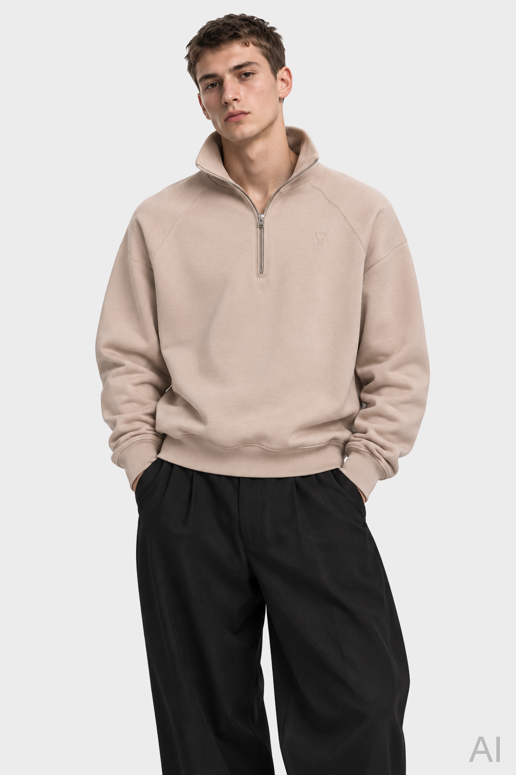 AMI PARIS de Coeur Embossed Half Zip Sweater in Mastic Beige