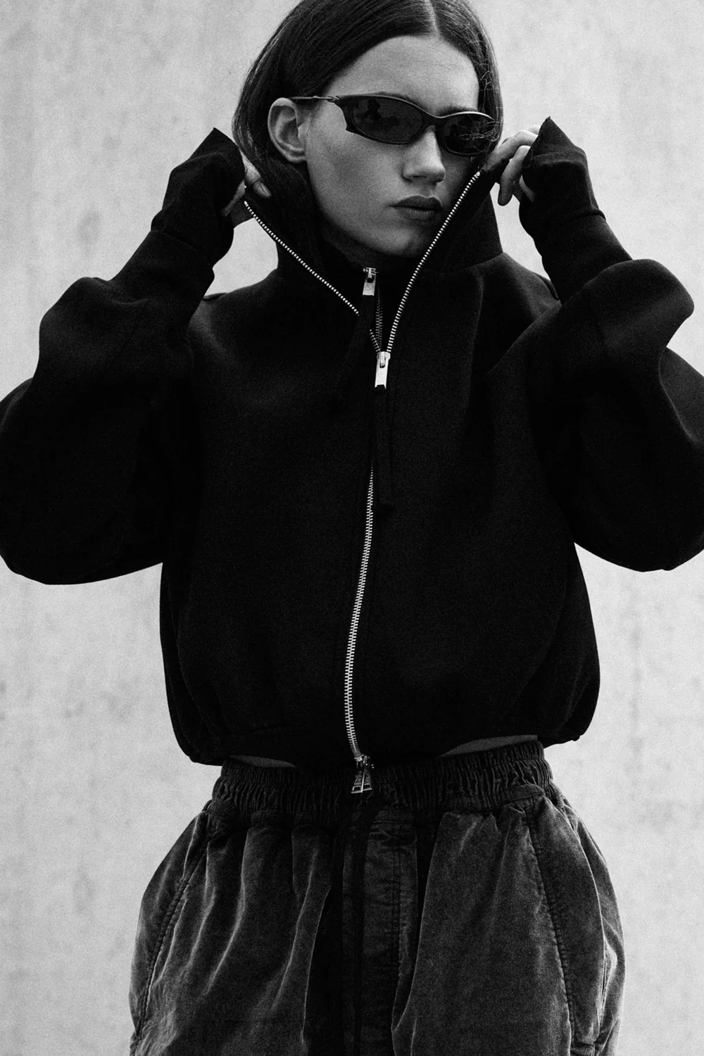 THOM KROM Neoprene Short Zip Hoodie in Black