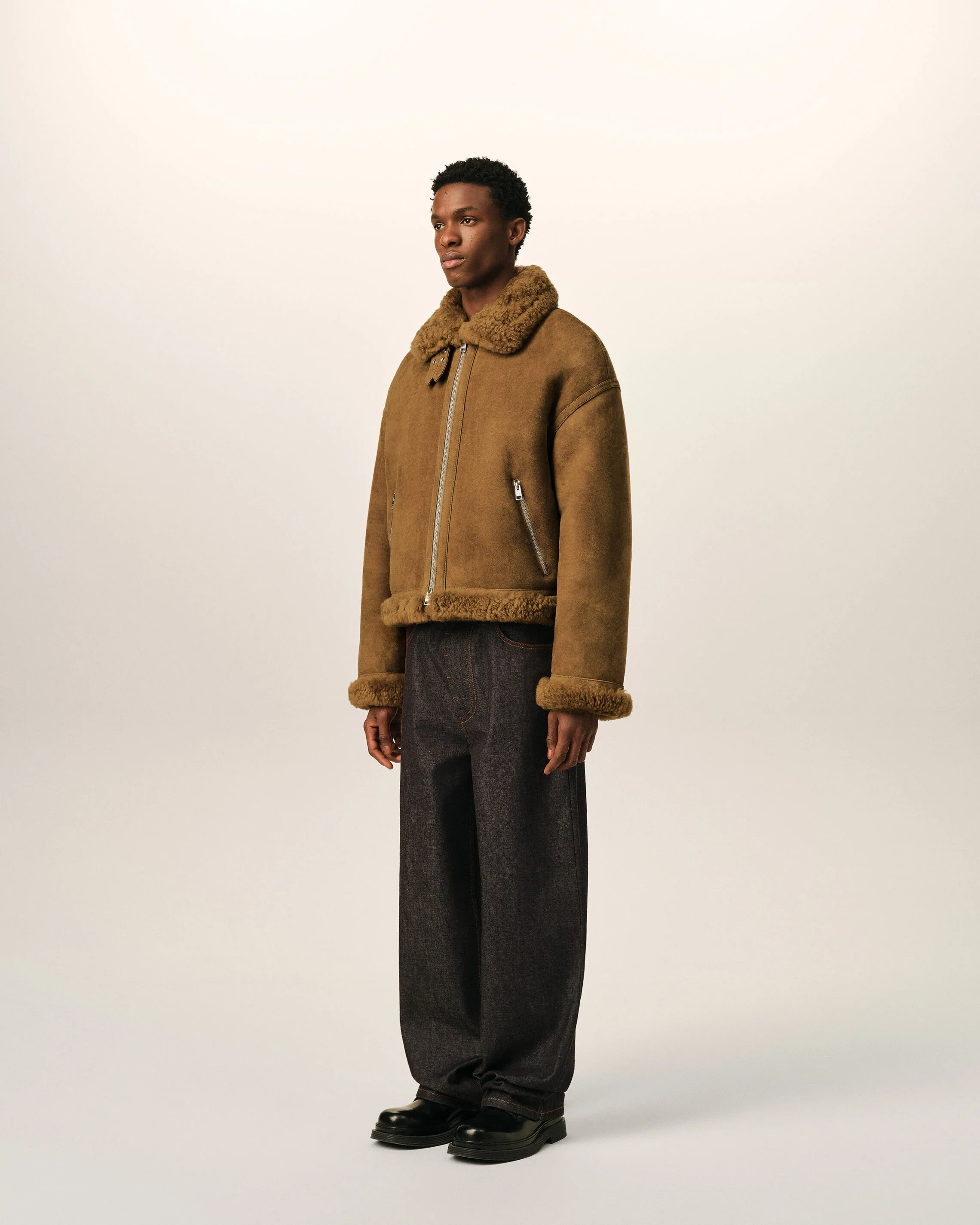 AMI PARIS Aviator Shearling Jacket in Mastic Beige