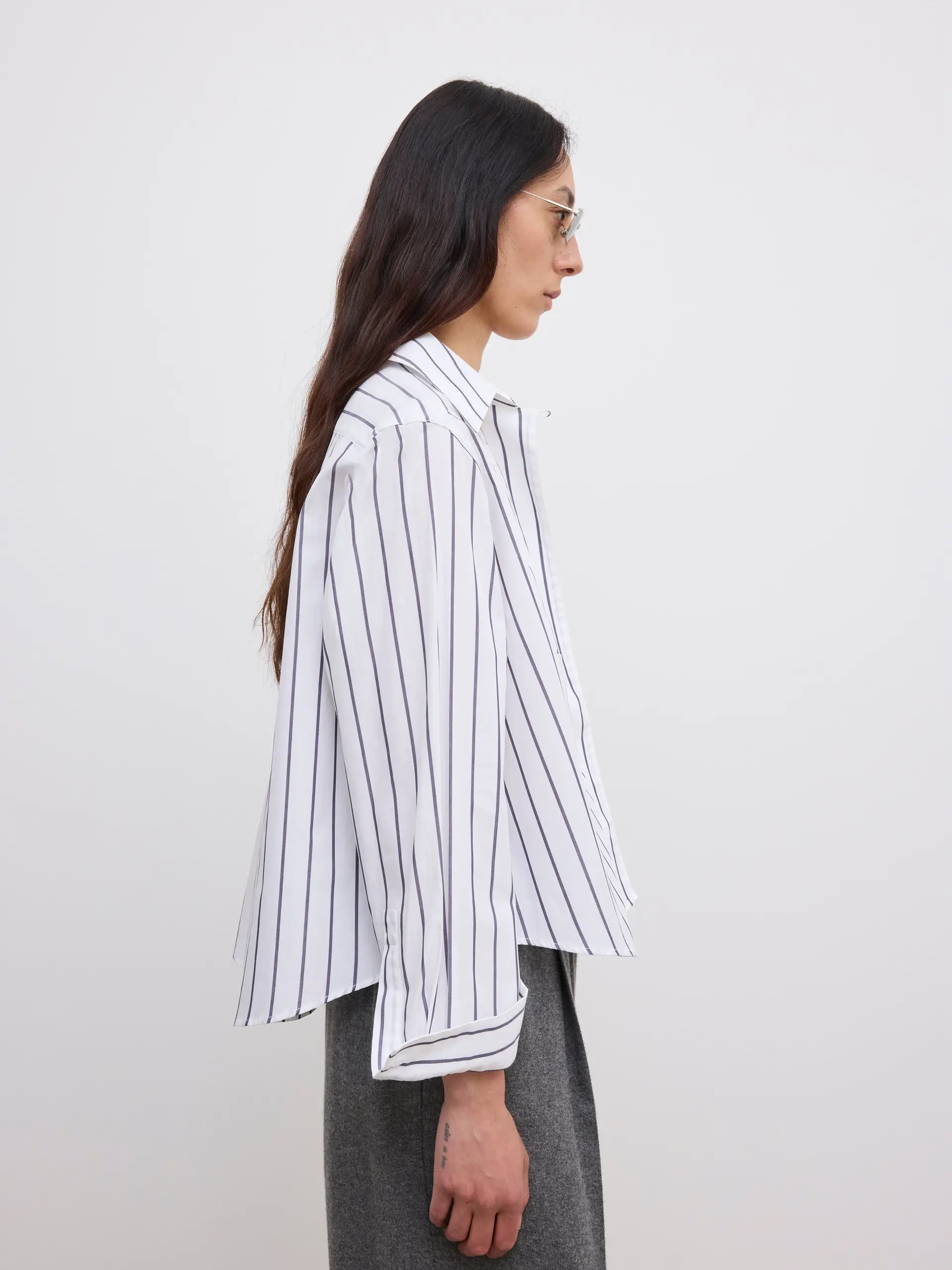 DAGMAR Asymmetric Cropped Shirt in White / Black Stripes